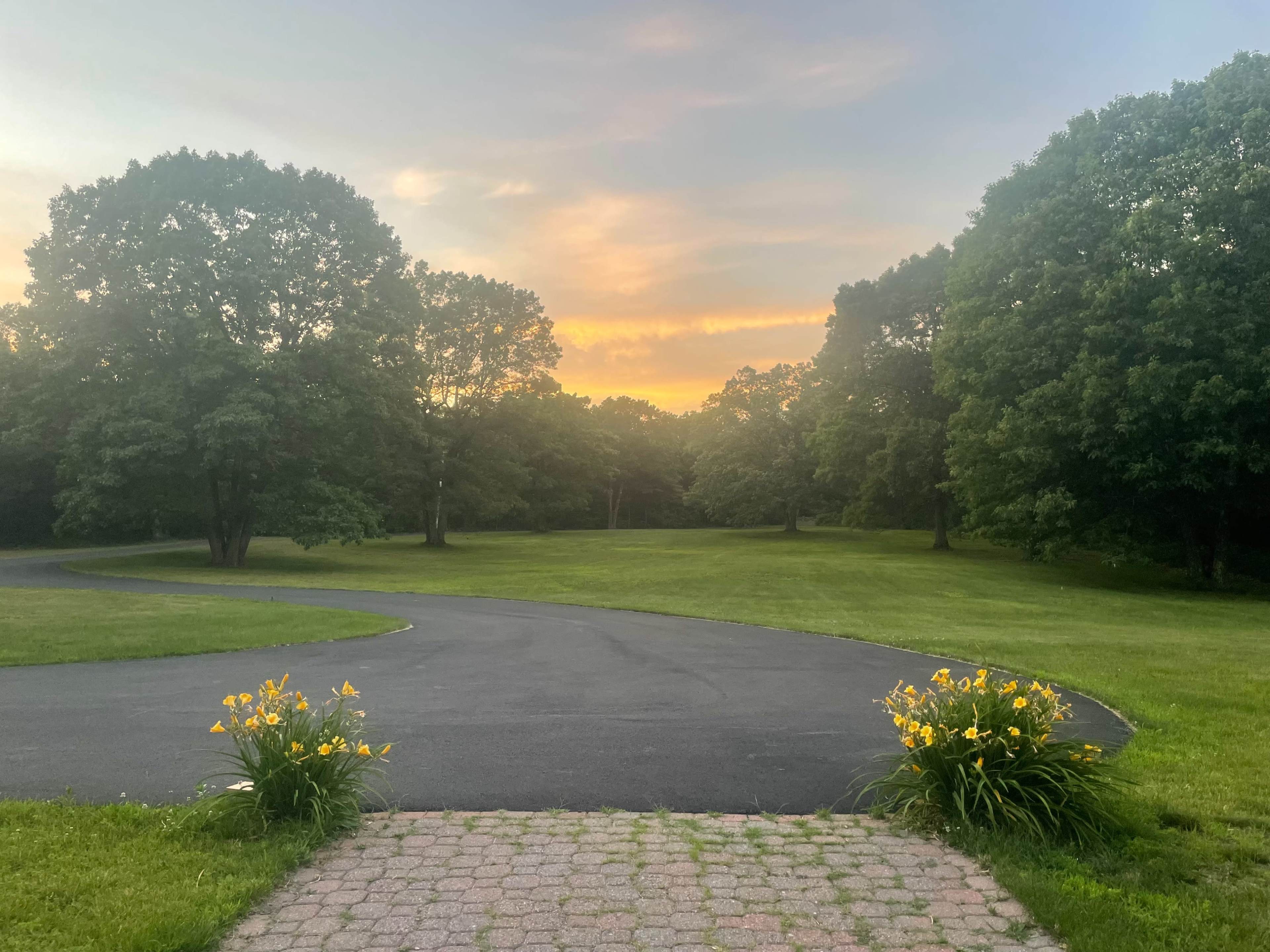 A gravel pathway leads through a landscaped yard with trees and yellow flowers toward a sunset sky.