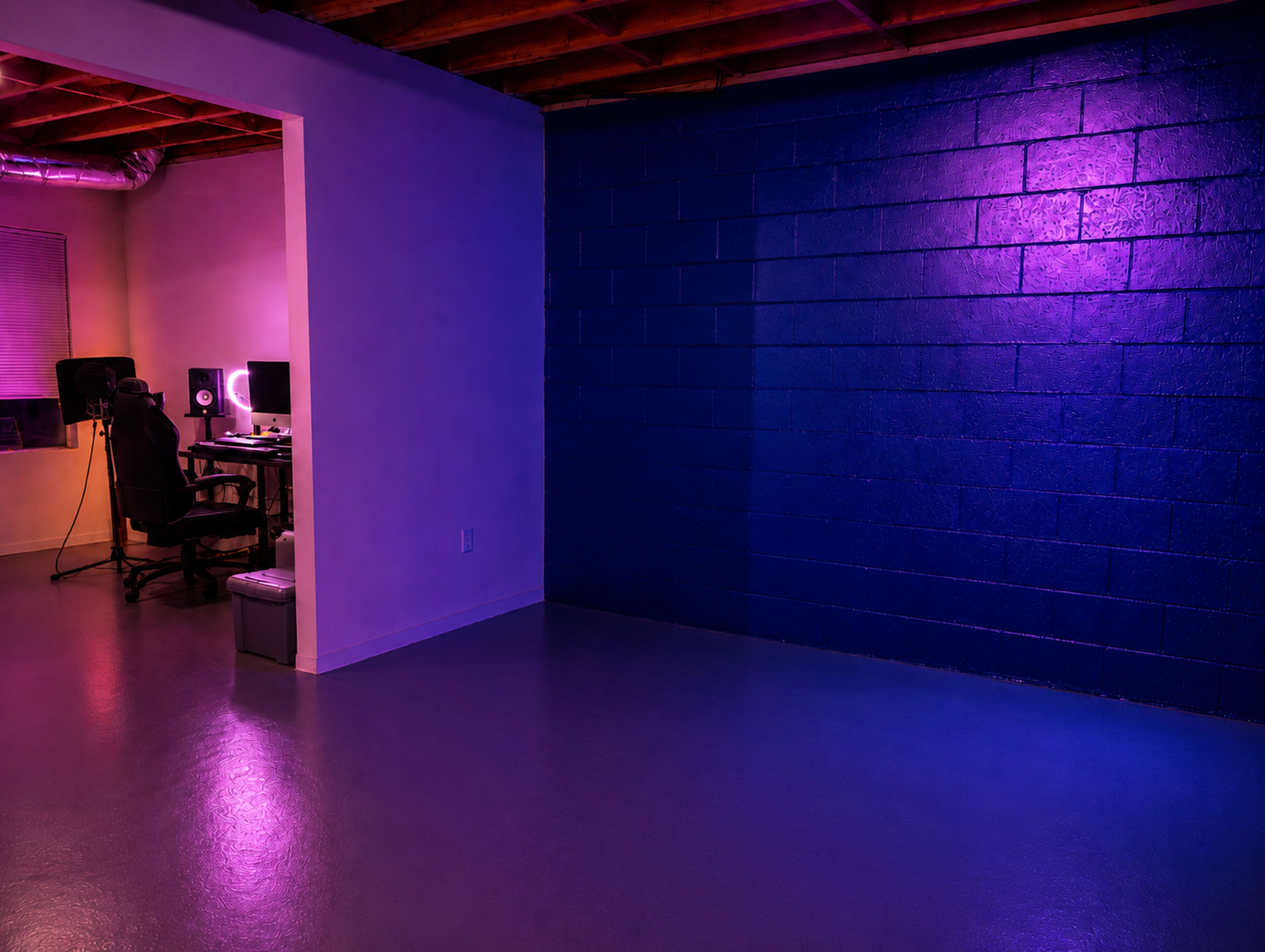 The image shows a softly lit room with a computer desk in one corner and a partially painted blue wall.