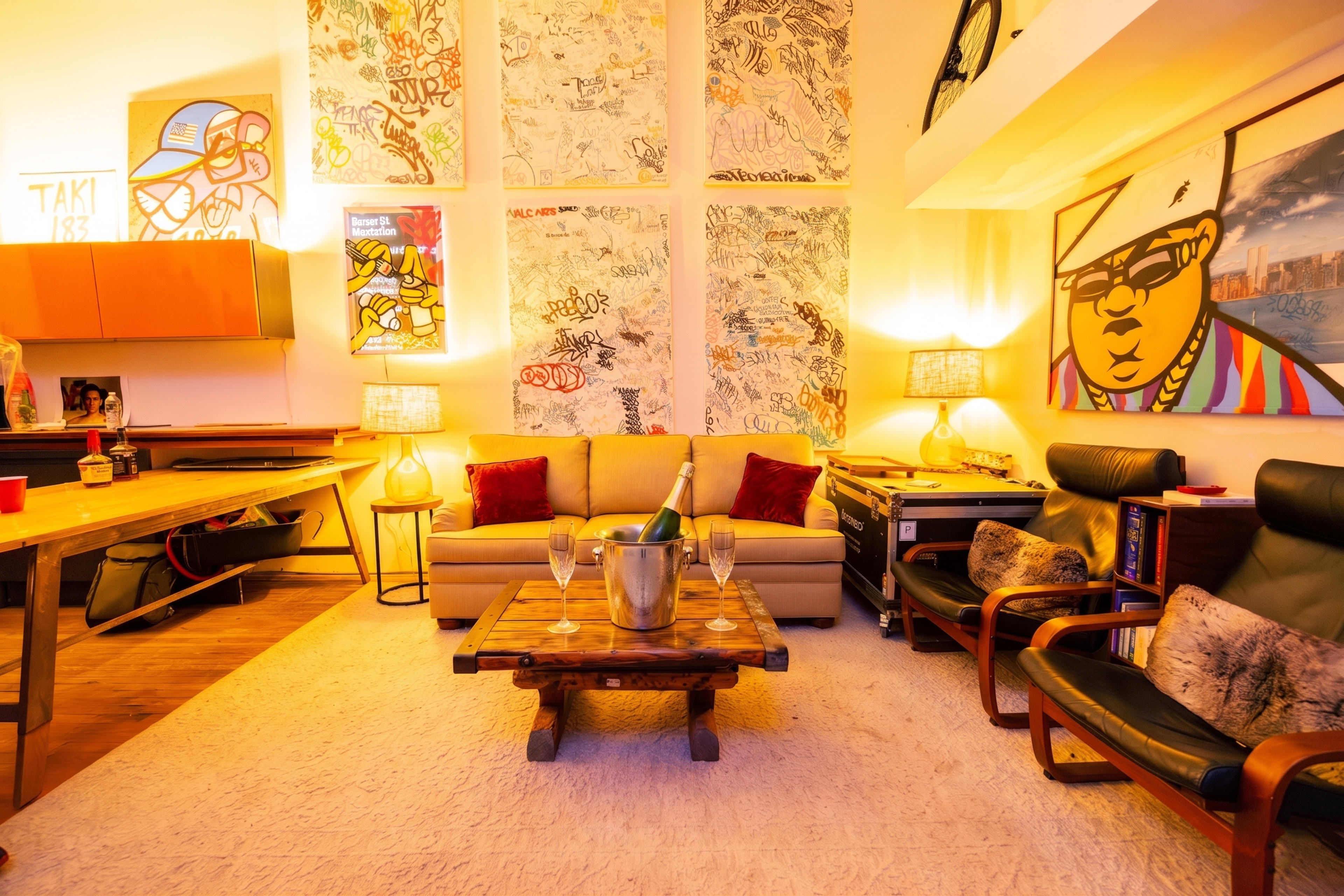 The image shows a stylish living room featuring a beige sofa, two black chairs, a wooden coffee table with a bucket of champagne, and vibrant graffiti art on the walls.