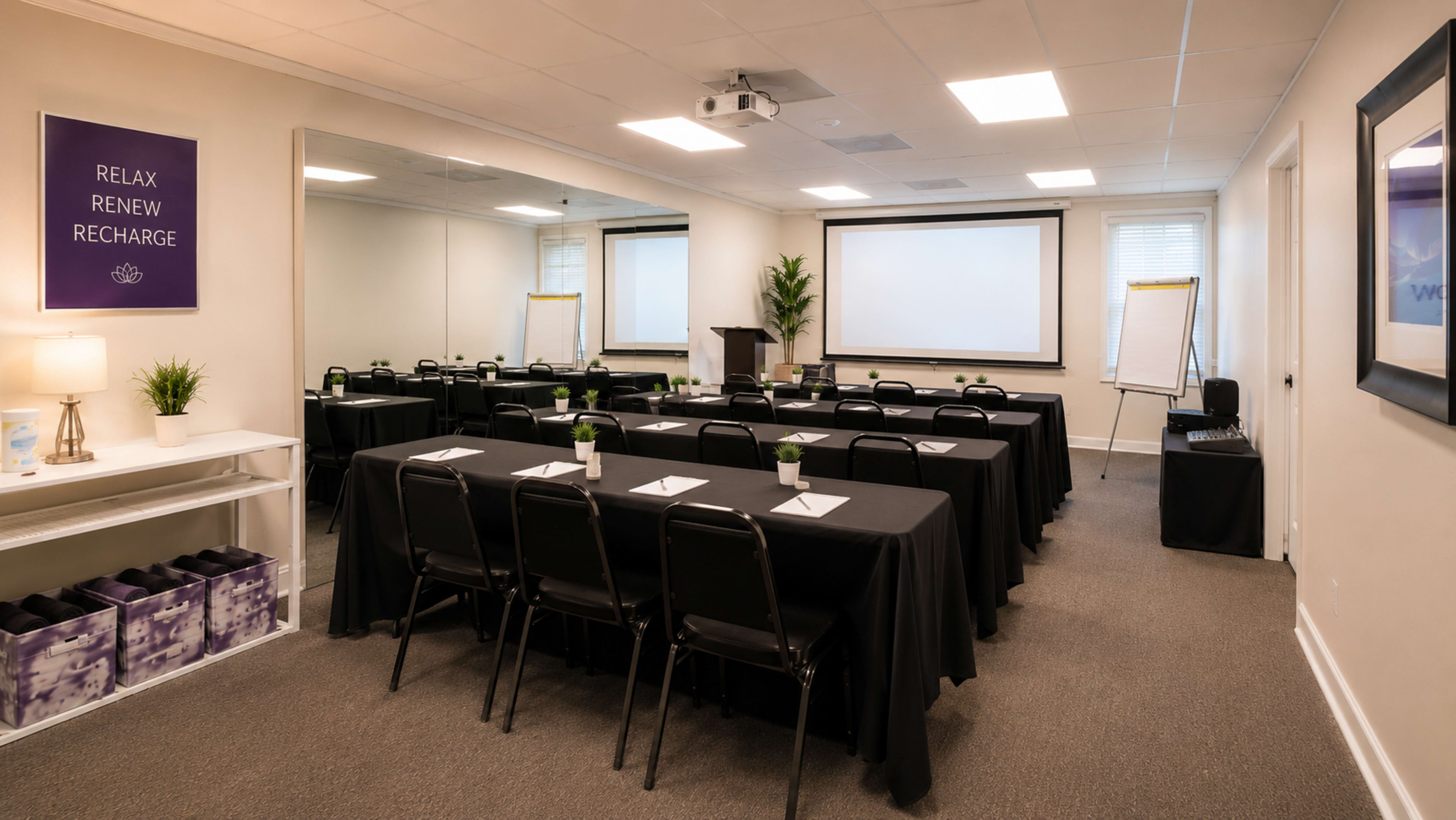 A well-equipped conference room features rows of tables with black tablecloths, complemented by projectors and a large mirror reflecting the space.