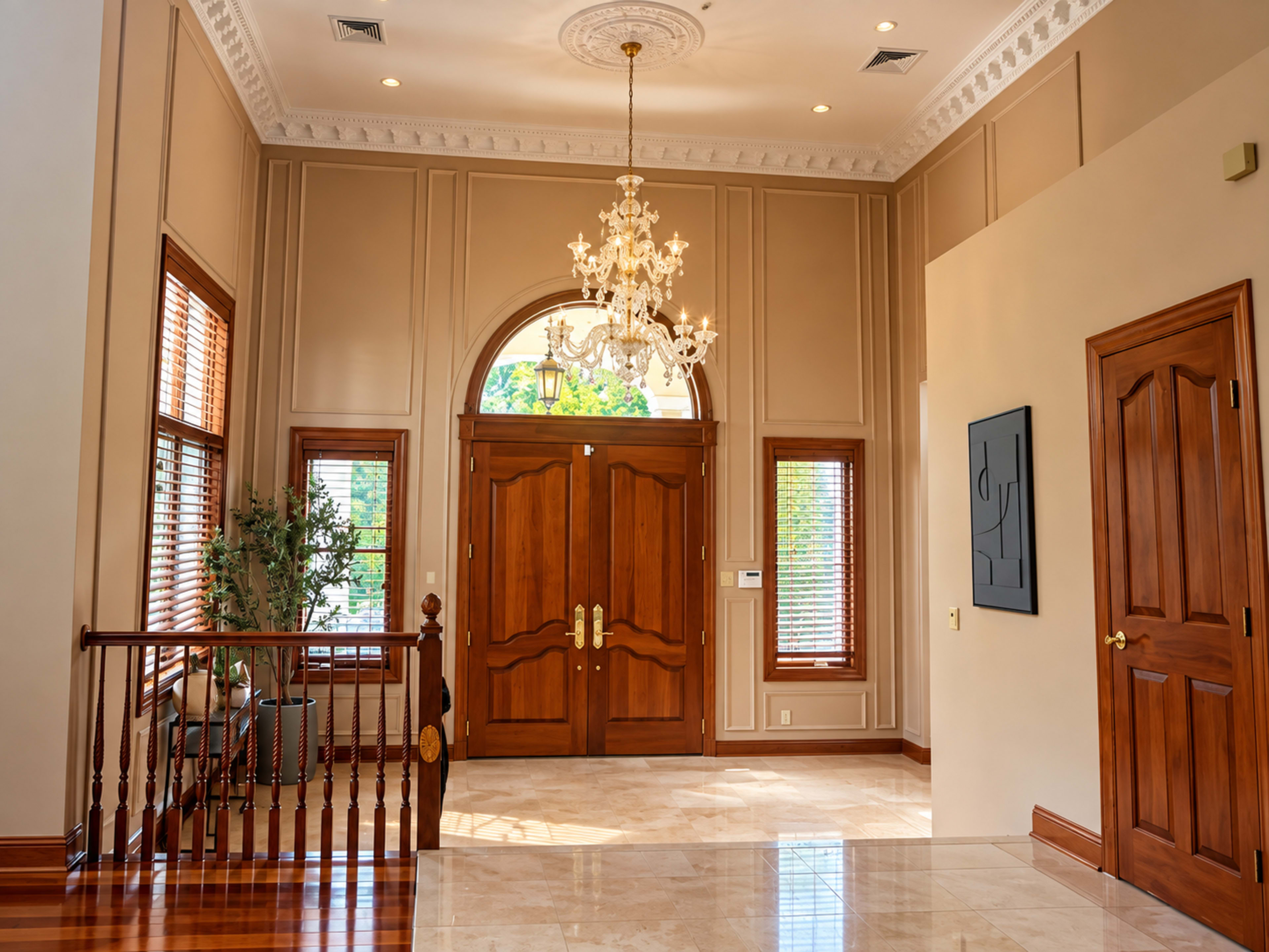 The image shows a well-lit foyer with a large wooden double door, a decorative chandelier, and marble flooring.