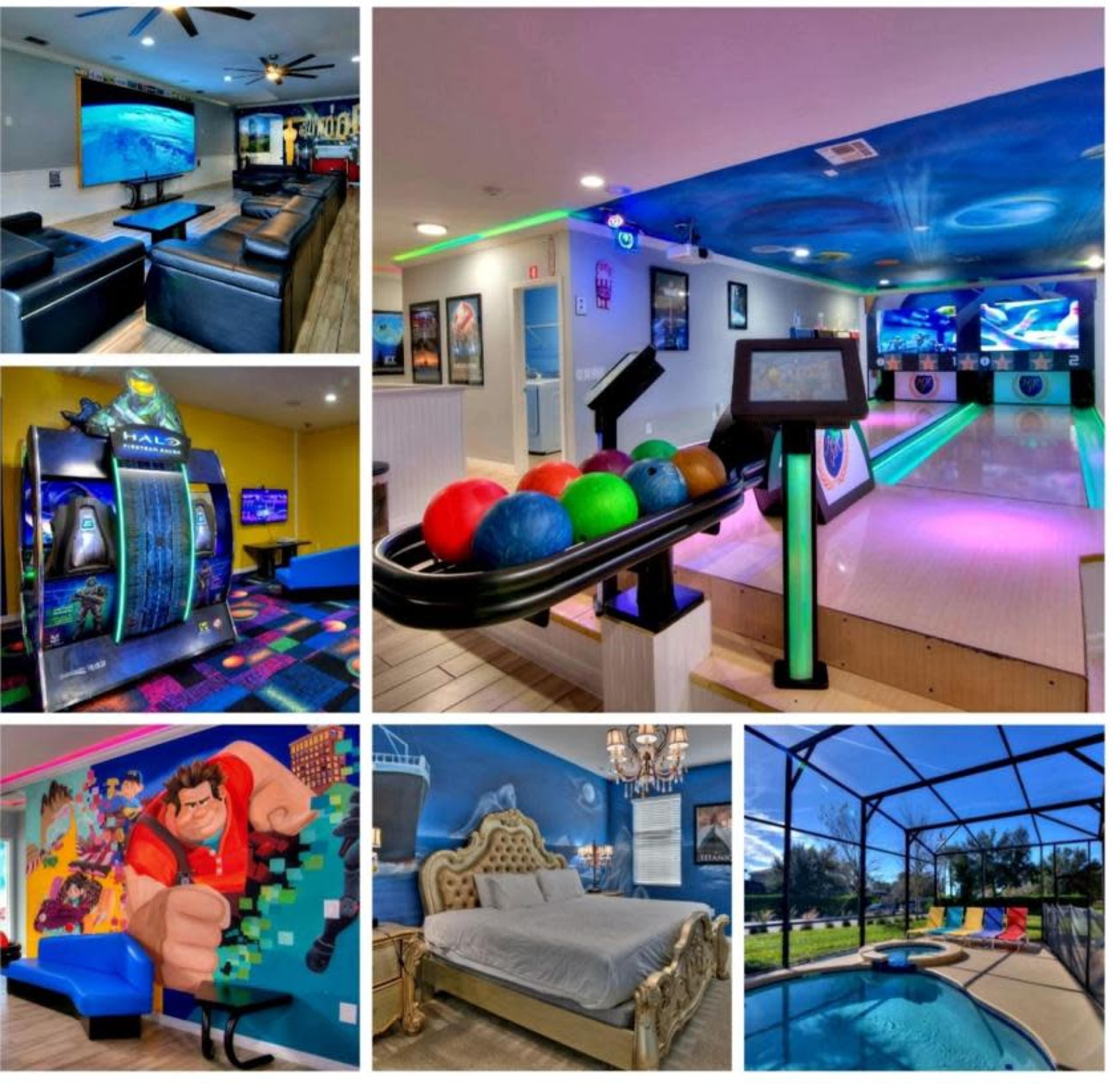 A modern entertainment room featuring a bowling area, gaming machines, and a designer bedroom with a pool.