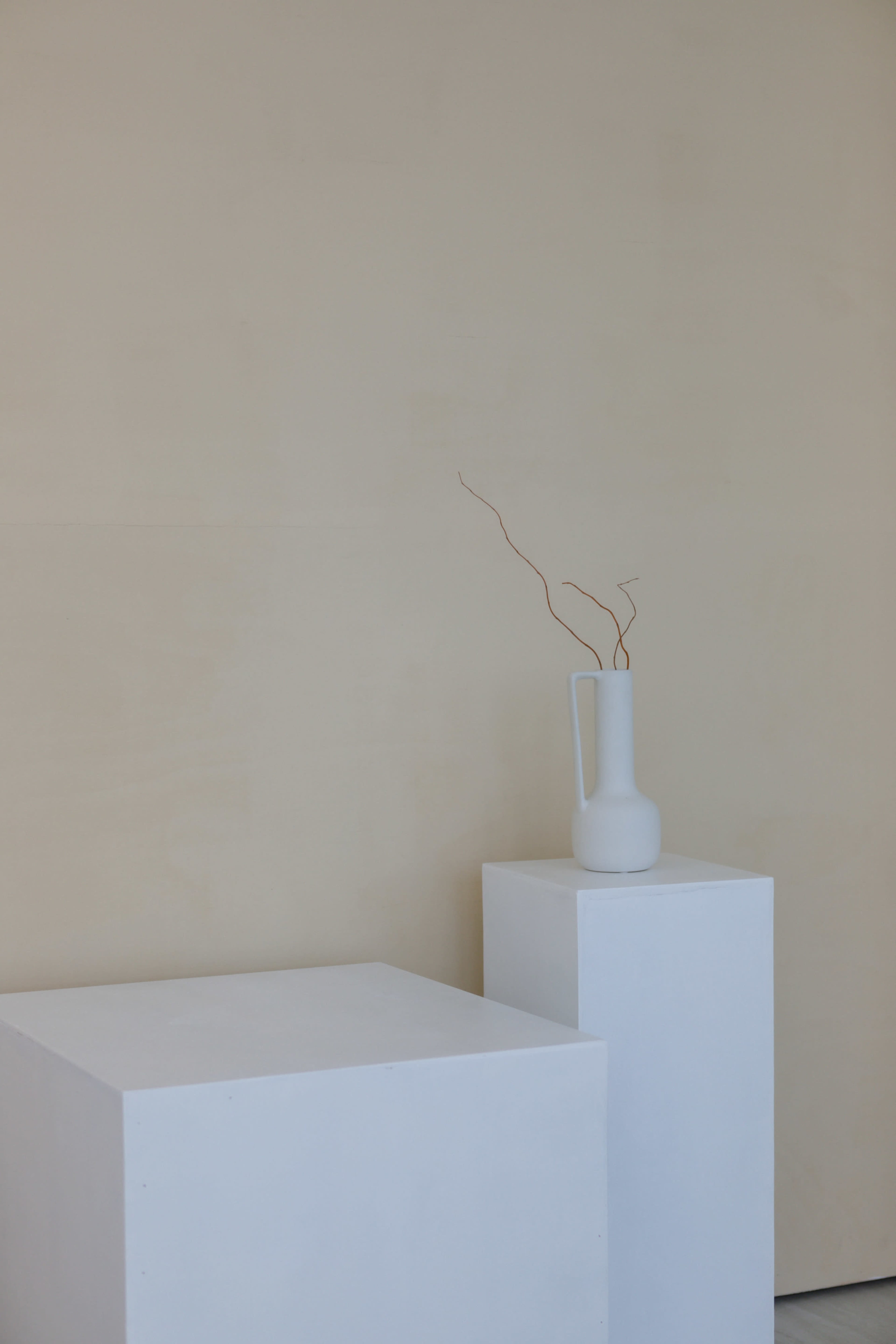 A minimalist interior features two white pedestals, one holding a white vase with slender, curved branches.