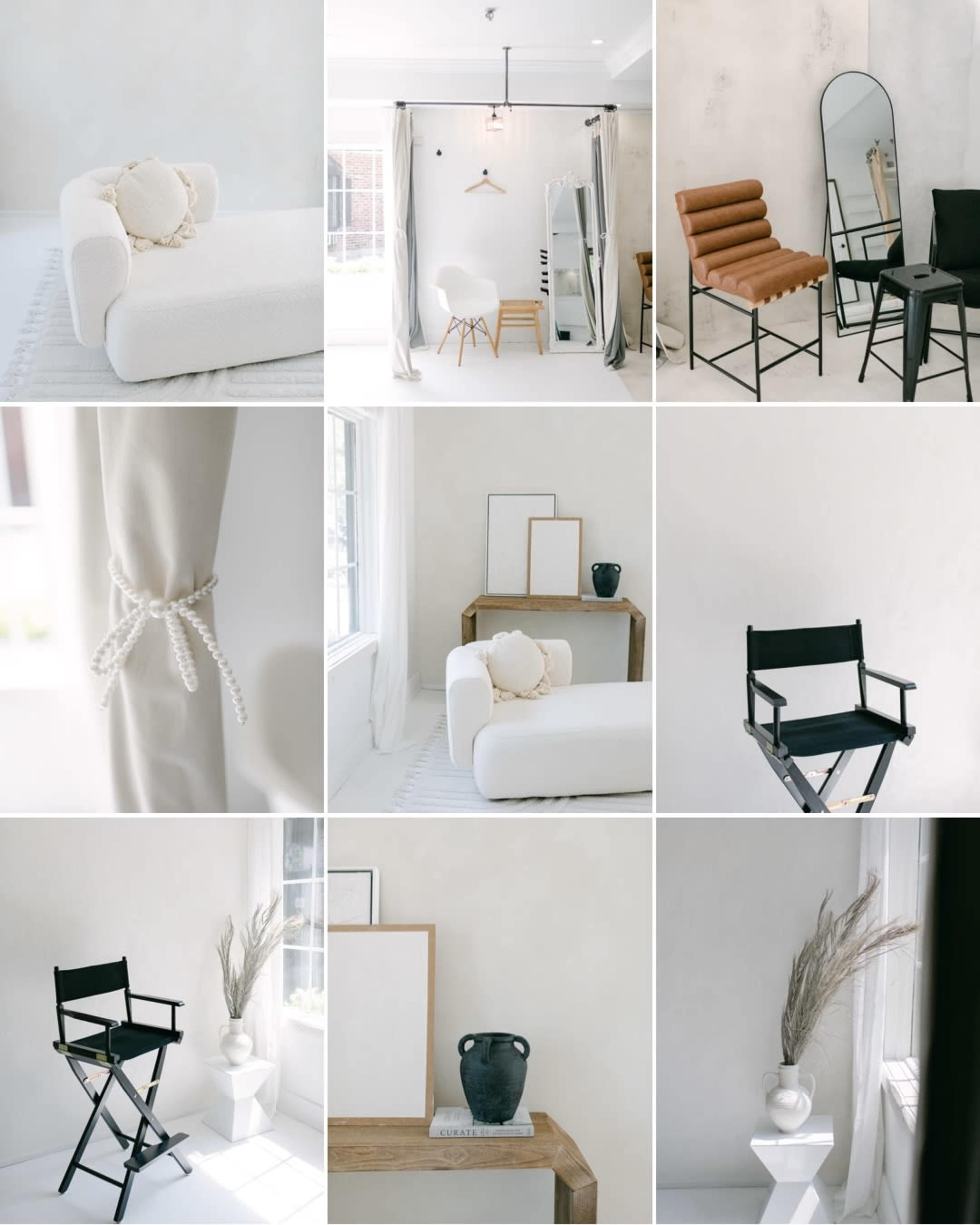 A modern, minimalistic interior with various pieces of furniture, including a white sofa, black chairs, and decorative elements arranged in a grid layout.