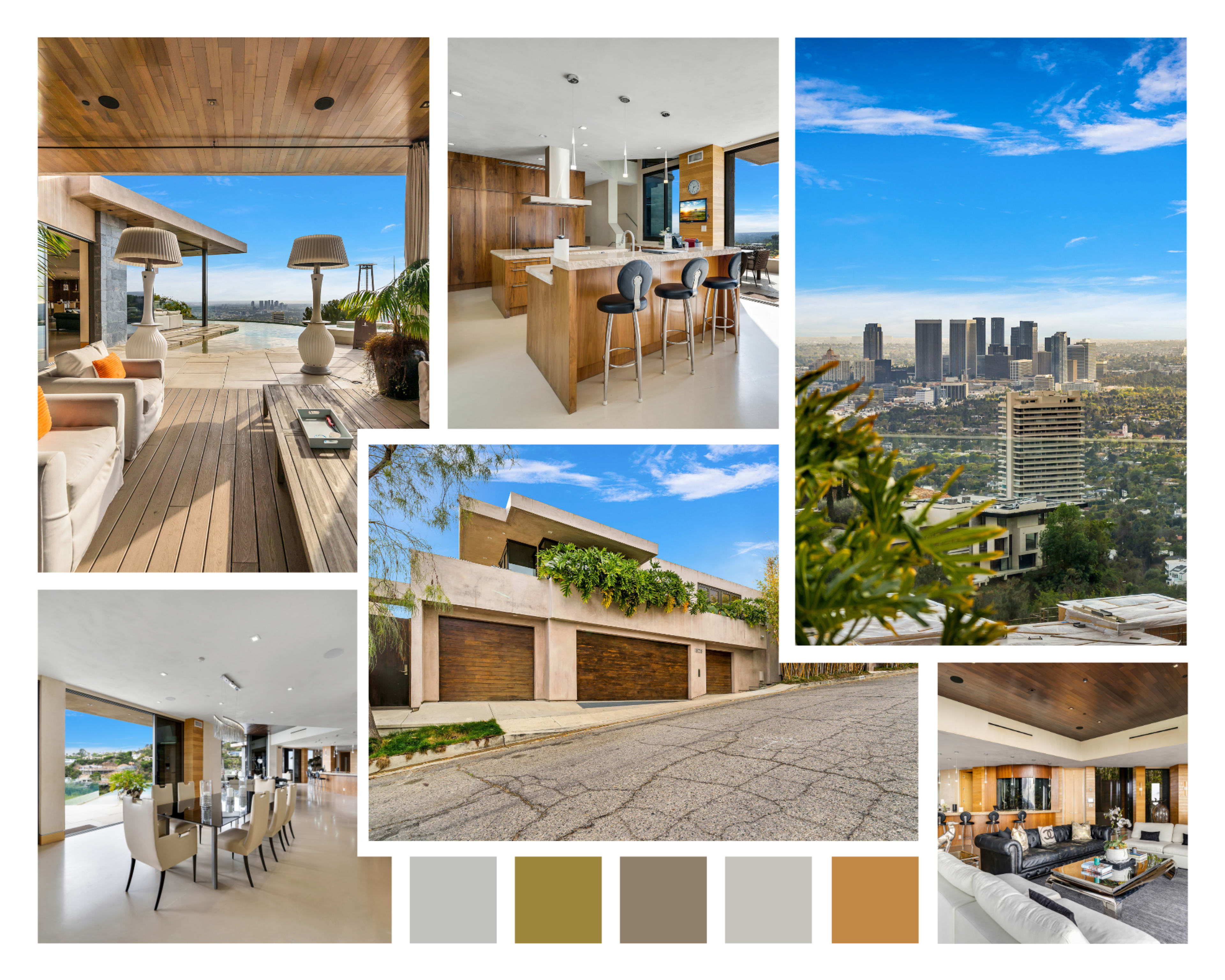 A modern, luxurious home interior and exterior with expansive views of a city skyline.