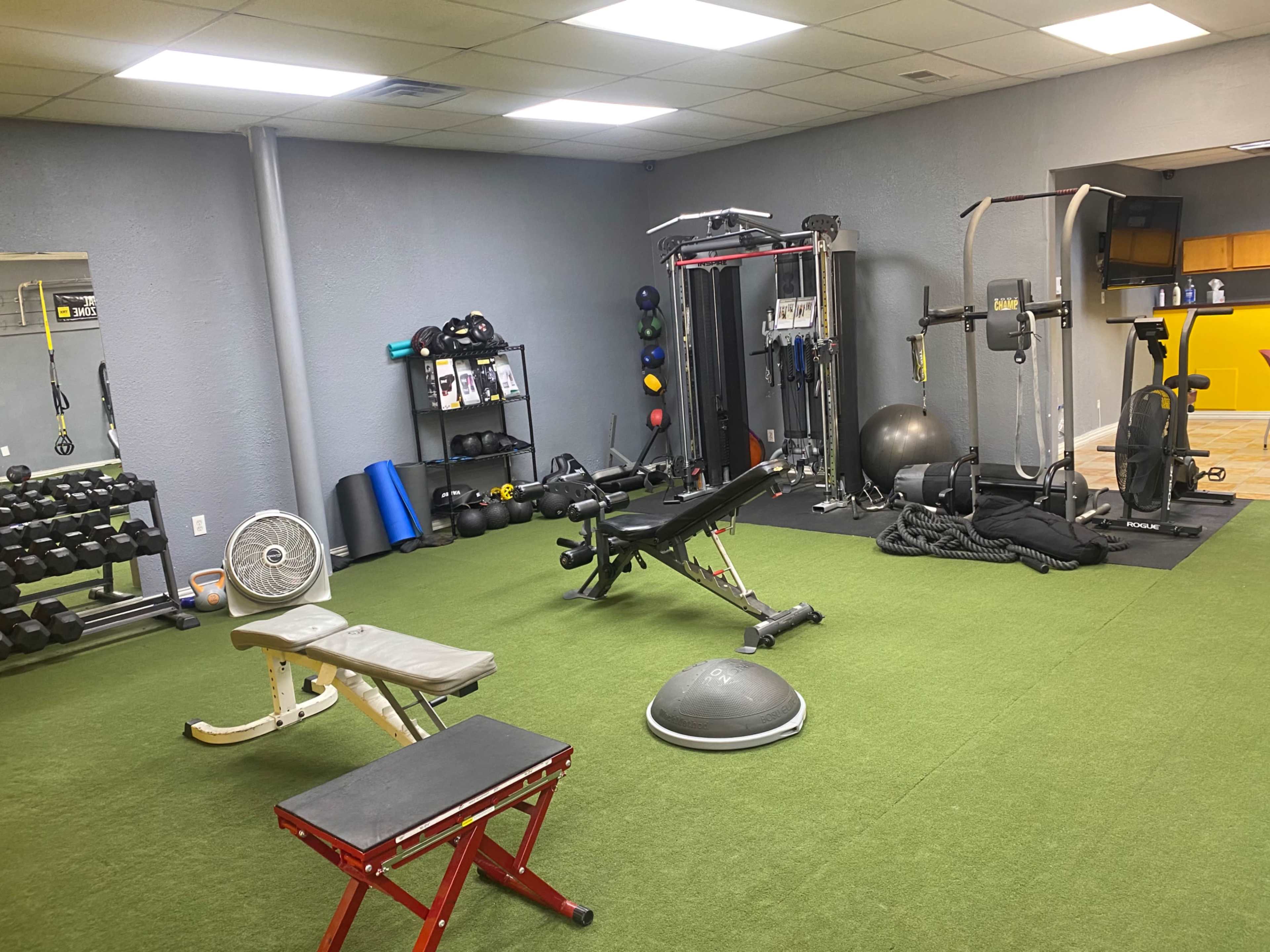 A gym interior equipped with various workout machines, free weights, and exercise mats positioned on artificial turf.
