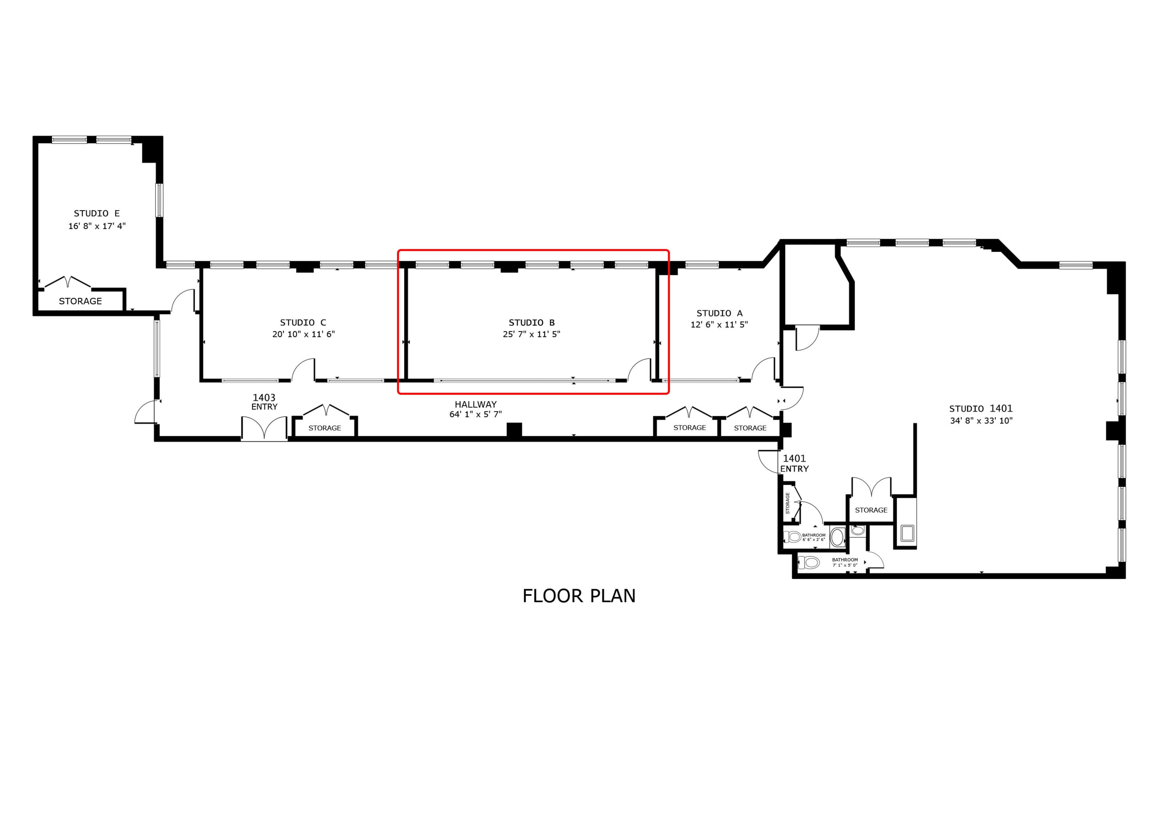 A floor plan layout featuring multiple studio spaces and storage areas, highlighted with specific dimensions for each room.