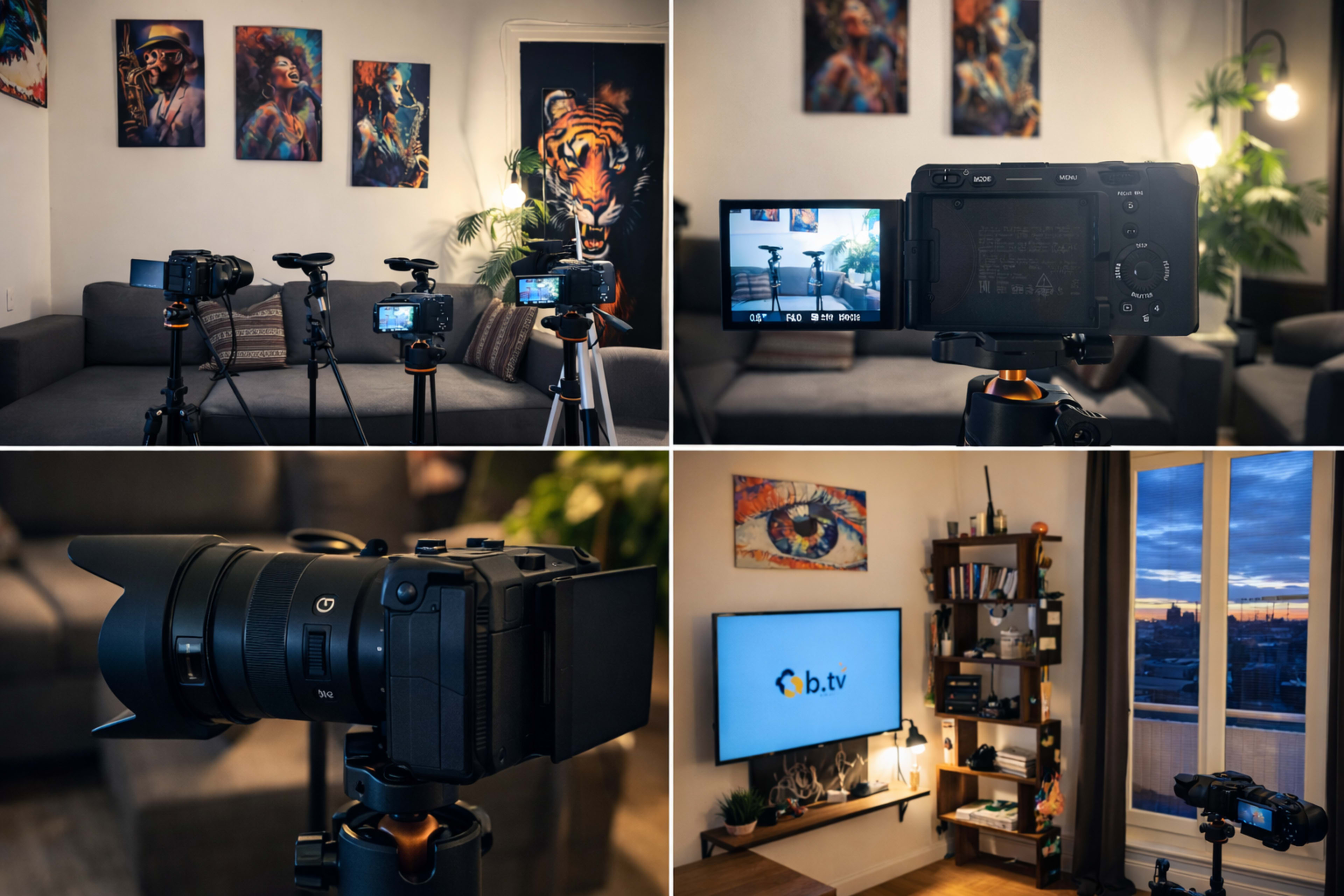 The image features a photography setup in a living room, showcasing multiple cameras on tripods, a television, and decorative wall art, including a tiger painting.