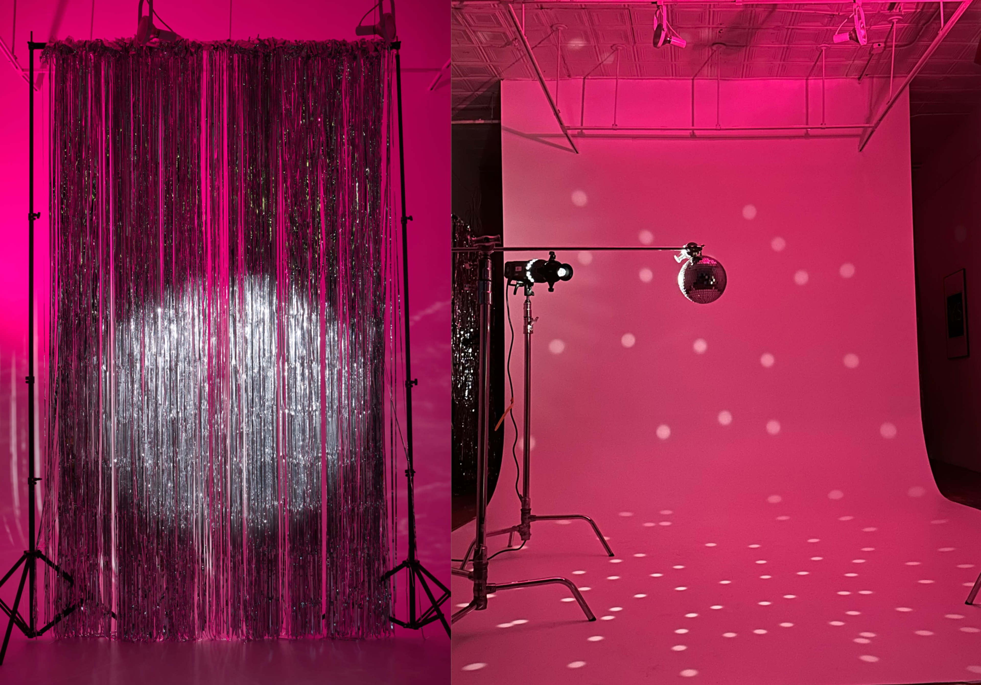 The image shows a photo studio setting with a shiny metallic curtain on the left and a blank pink backdrop with a disco ball casting light patterns on the floor on the right.