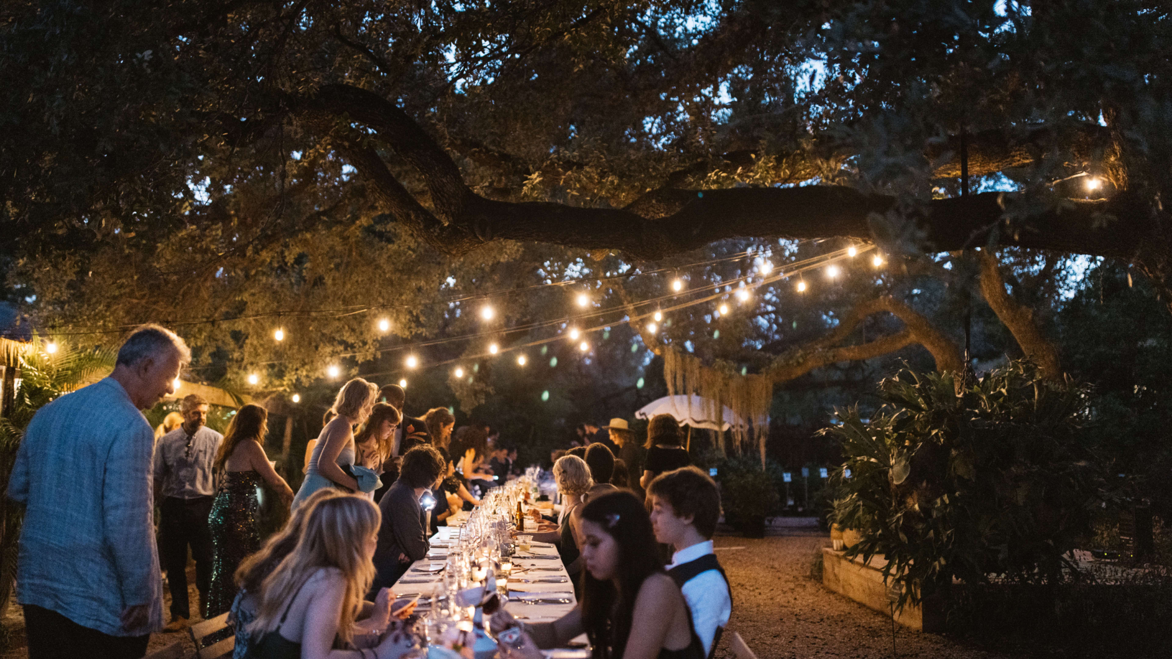 A long table is set for dinner under a canopy of trees illuminated by string lights, with guests seated and mingling in a garden setting during the evening.