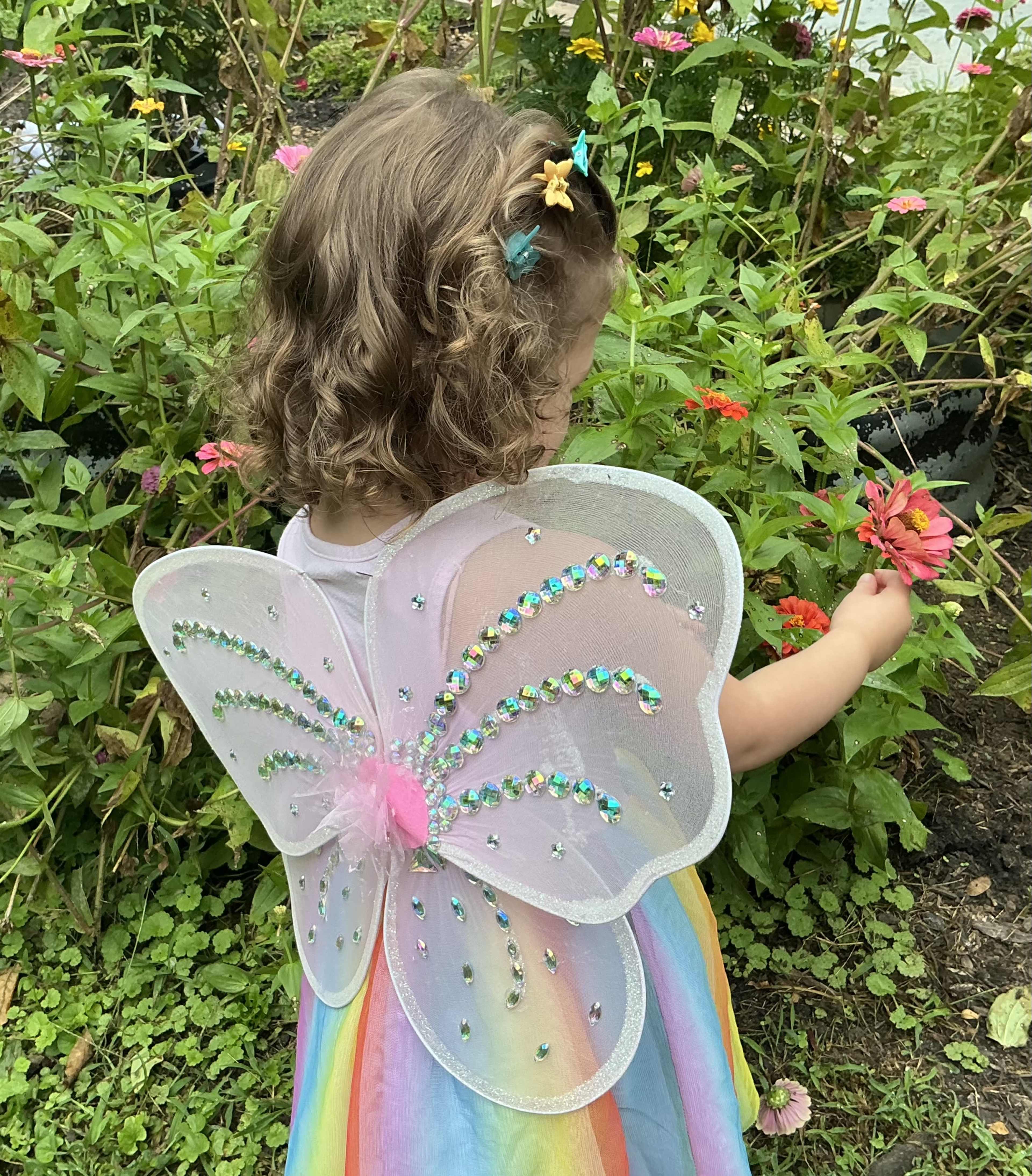 A young child with curly hair wearing a rainbow dress and butterfly wings is picking flowers in a colorful garden.