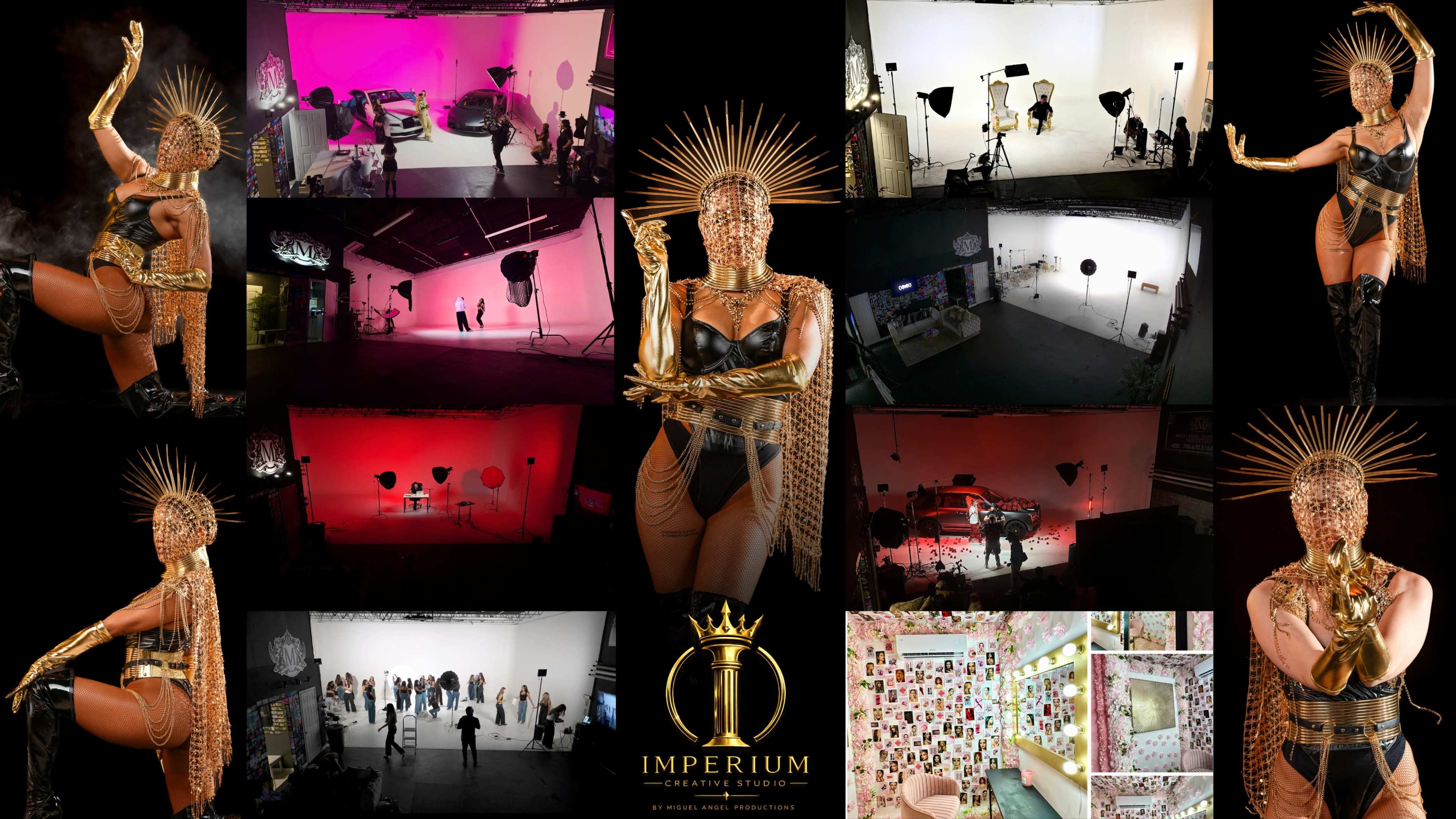 The image is a collage showcasing various setups and scenes from a creative studio named "Imperium," featuring models, equipment, and distinct backdrops.