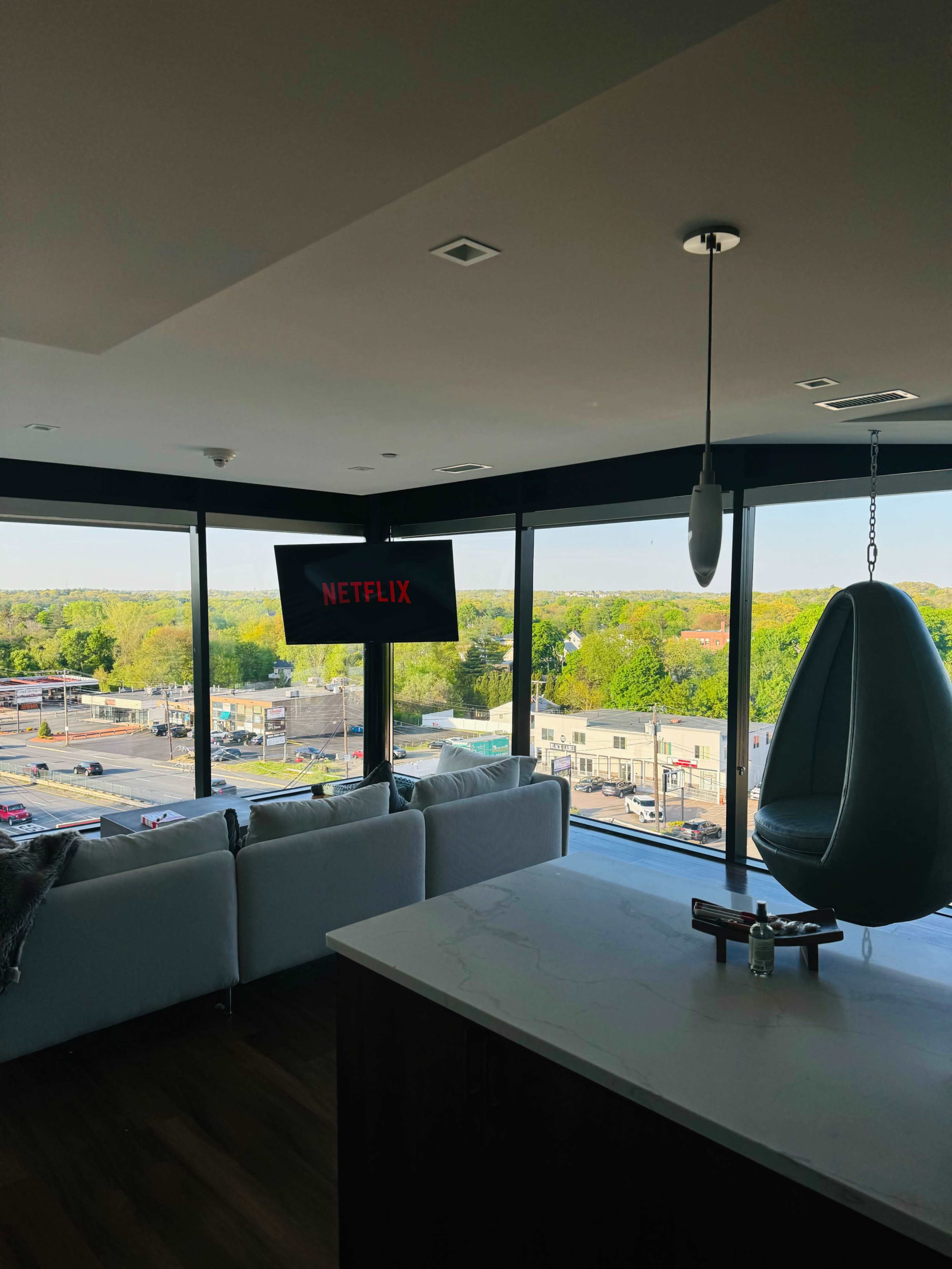 A modern living room features a large window overlooking a green landscape, with a TV displaying the Netflix logo and a hanging chair nearby.