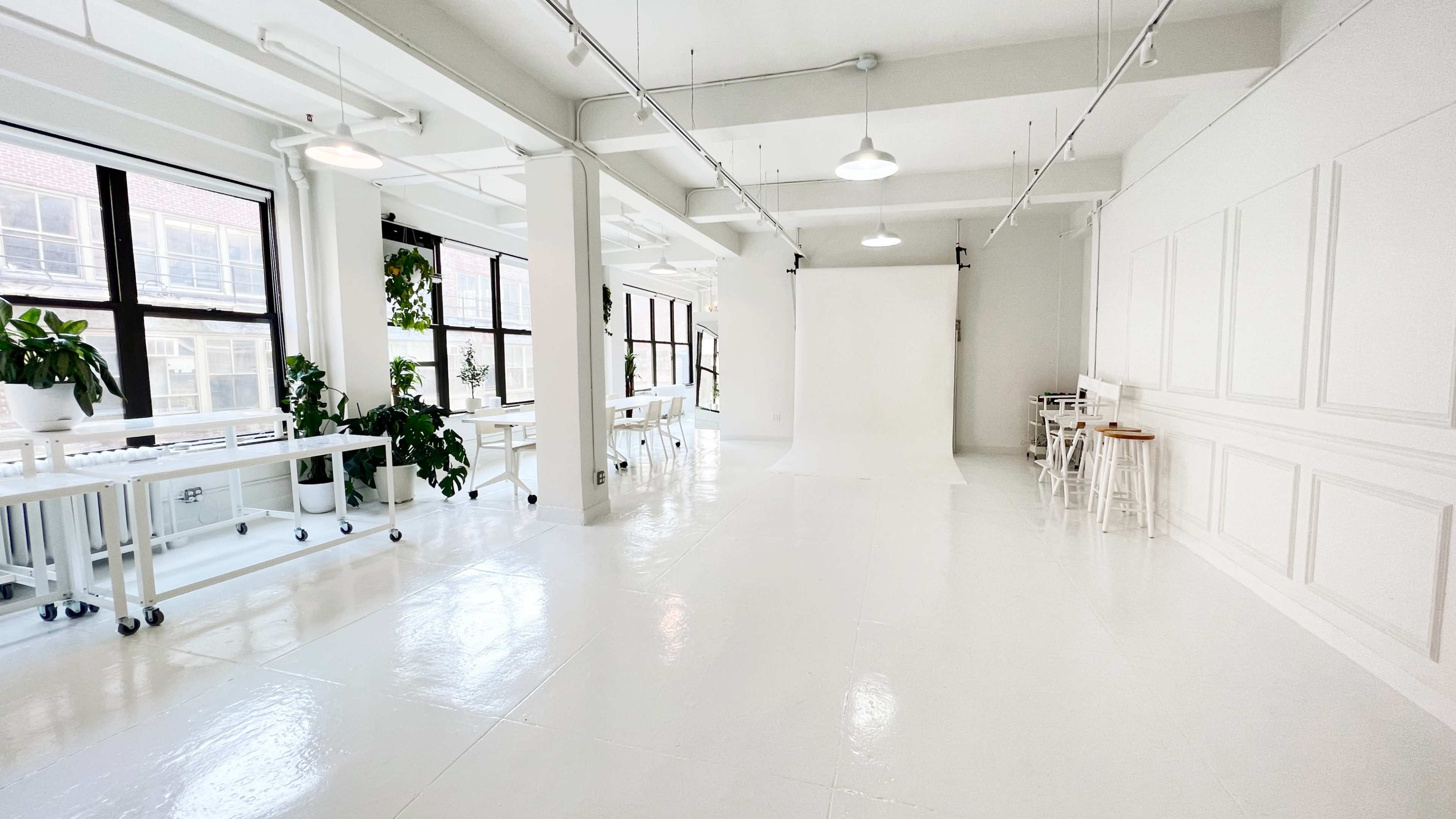 A bright, spacious studio with white walls and floors, featuring large windows, several plants, and a photo backdrop against one wall.