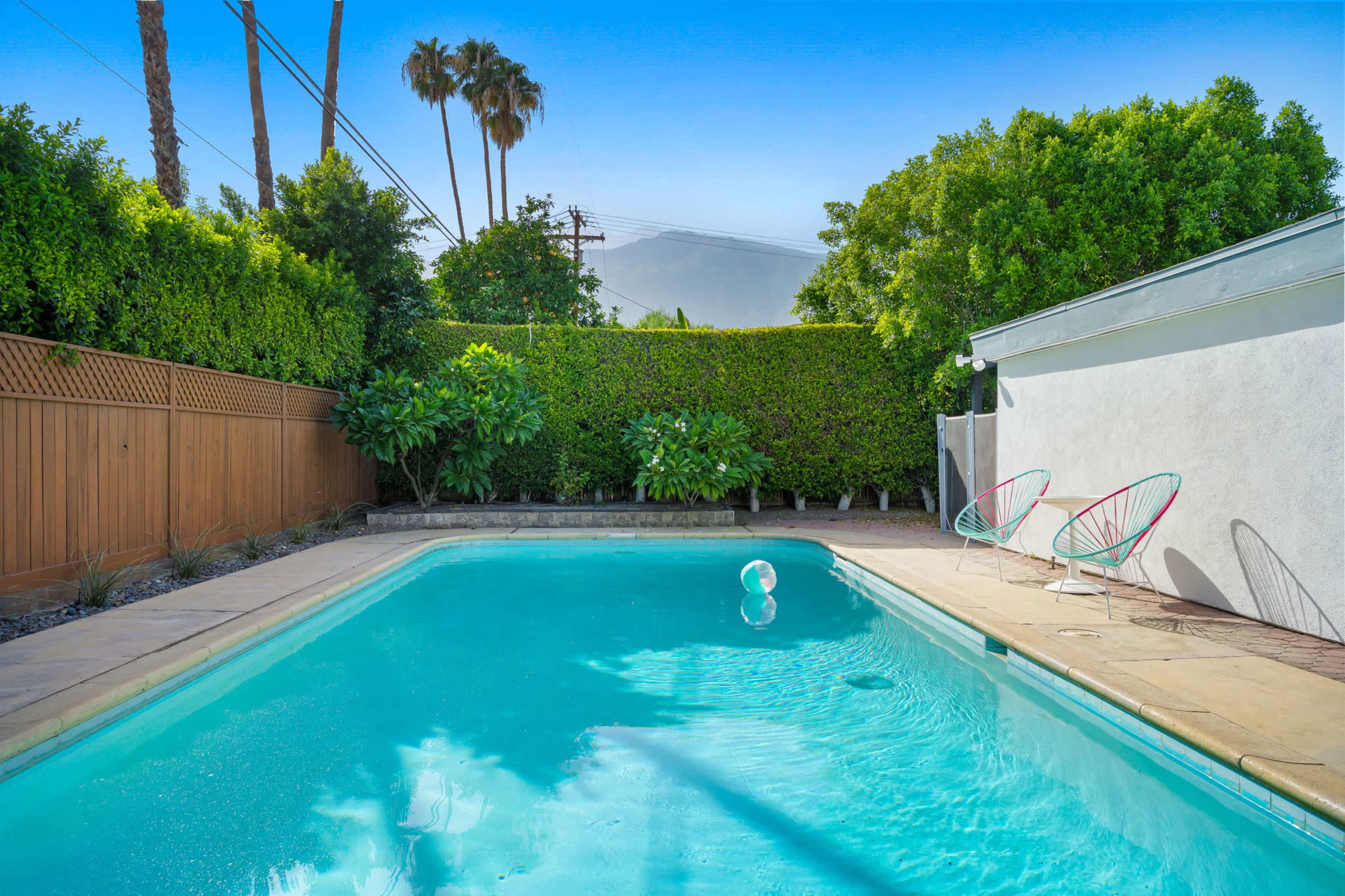 A serene swimming pool surrounded by lush greenery and palm trees, with colorful chairs positioned nearby.