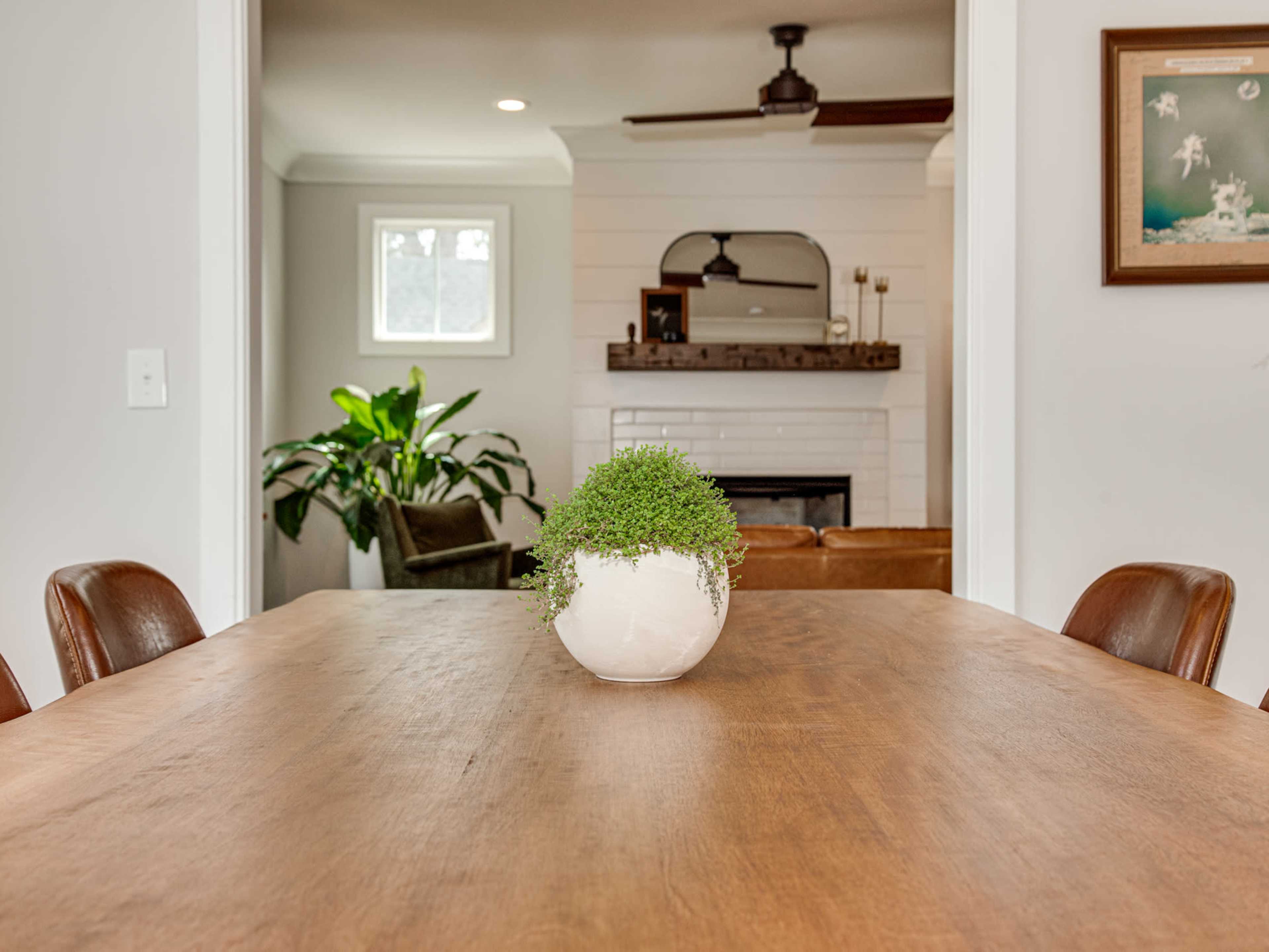 A wooden dining table with a small plant centerpiece is set in a room featuring a fireplace and green plants in the background.