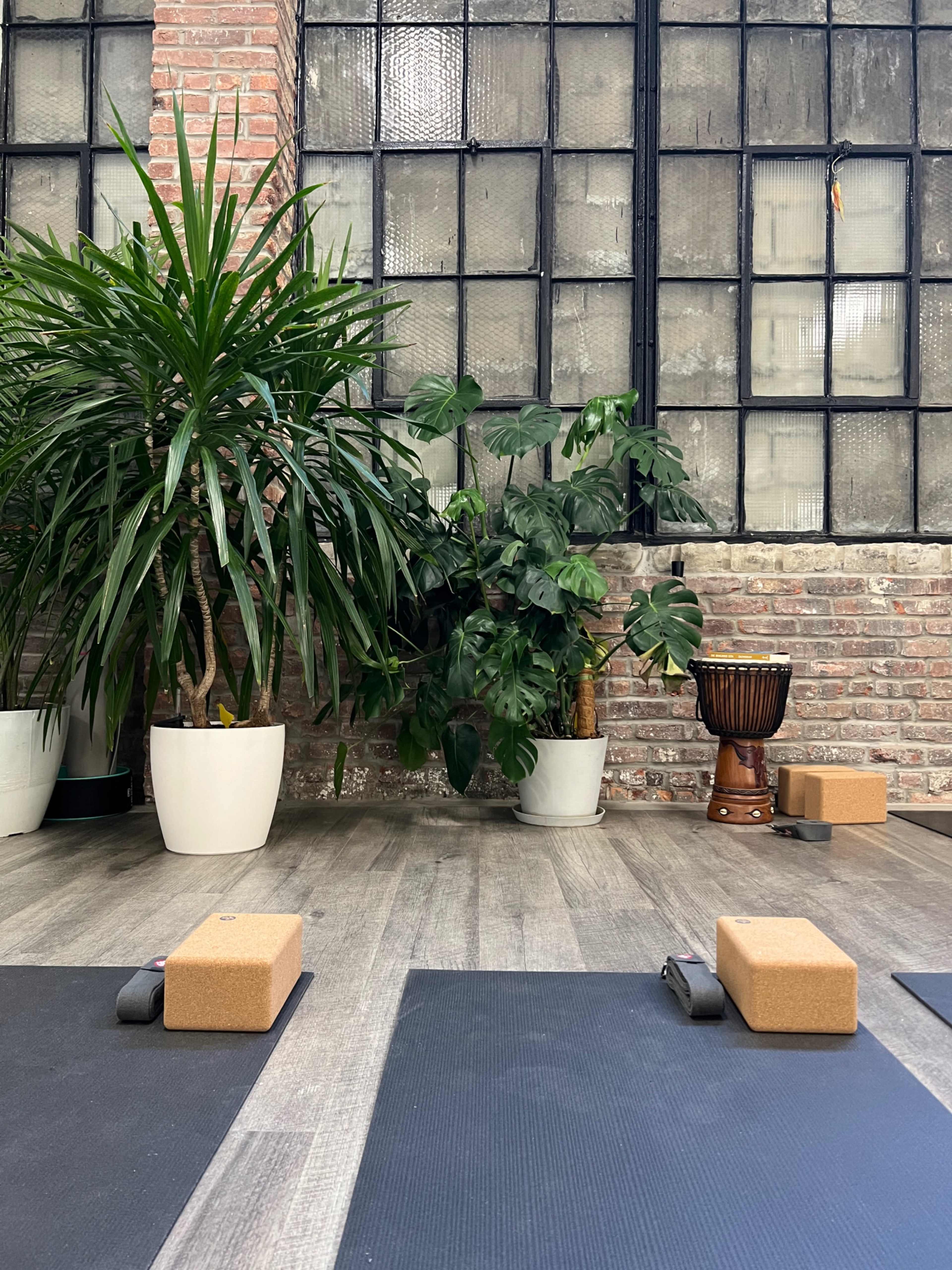 A yoga studio features cork blocks arranged on exercise mats, with potted plants and a drum set against a backdrop of large, industrial windows and exposed brick walls.