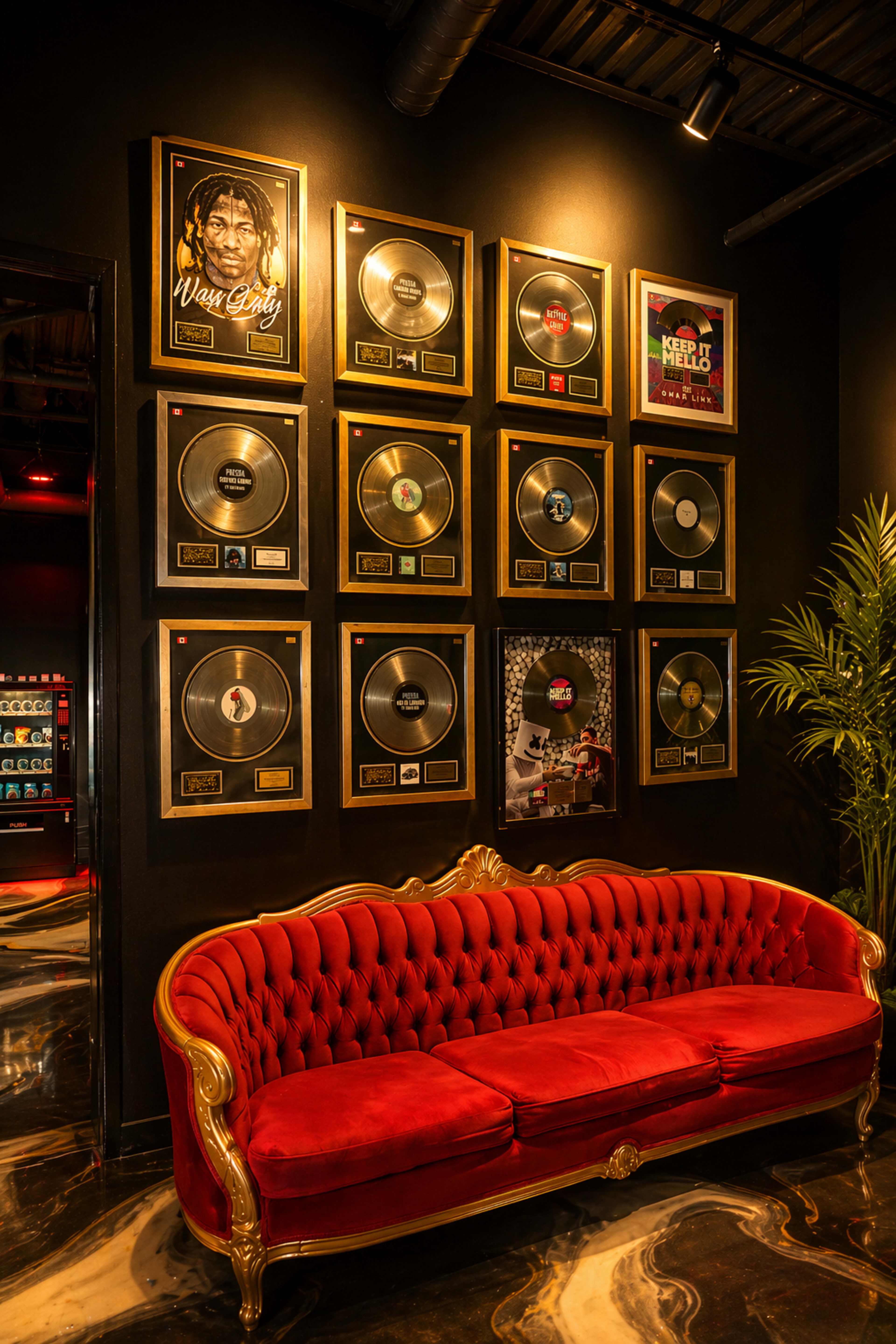 The image shows a black wall featuring a gallery of framed music awards above a red velvet sofa.