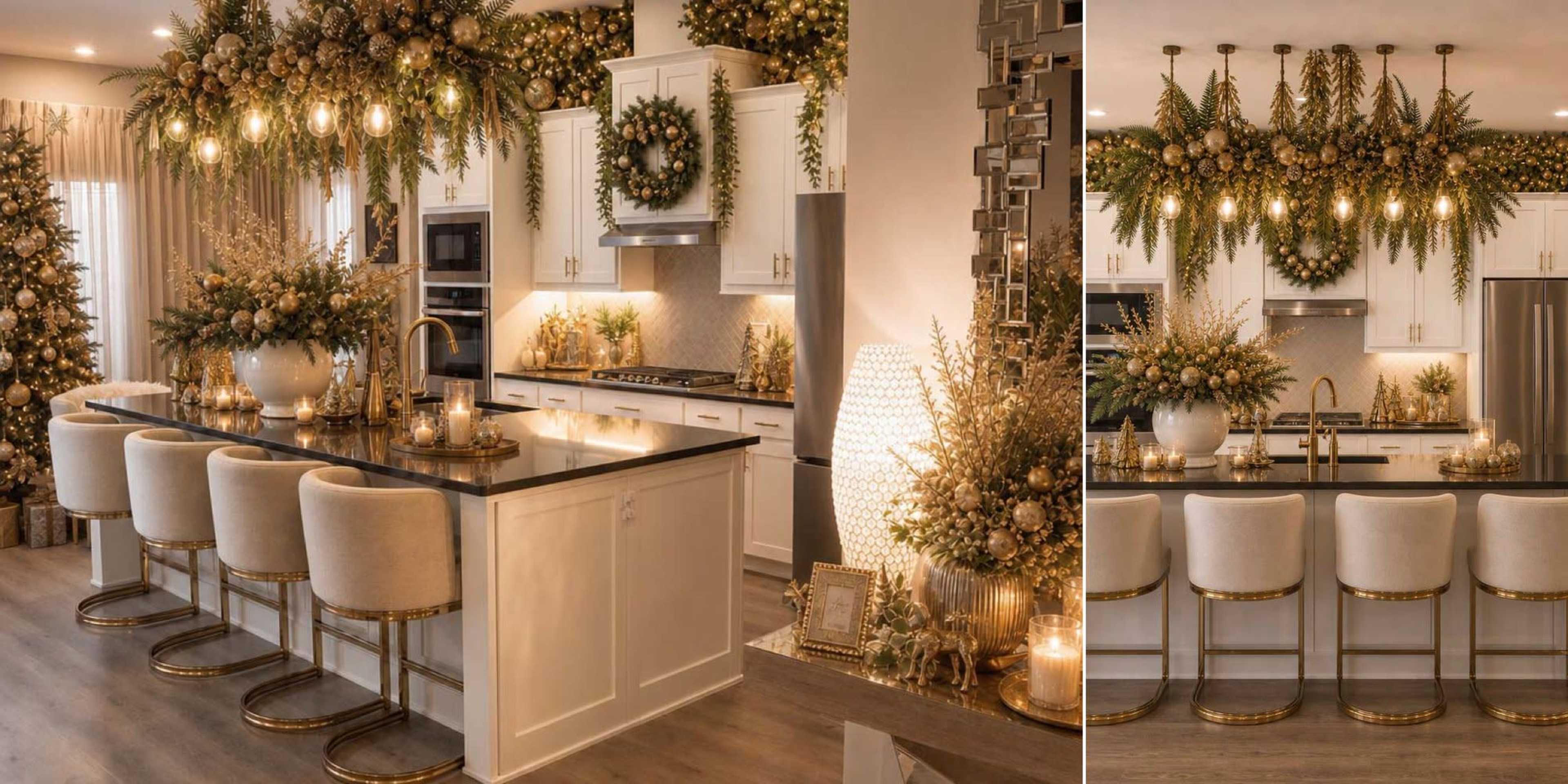 The image showcases a beautifully decorated kitchen featuring elegant cabinetry, a large island with seating, and abundant floral arrangements adorning the walls and ceiling.