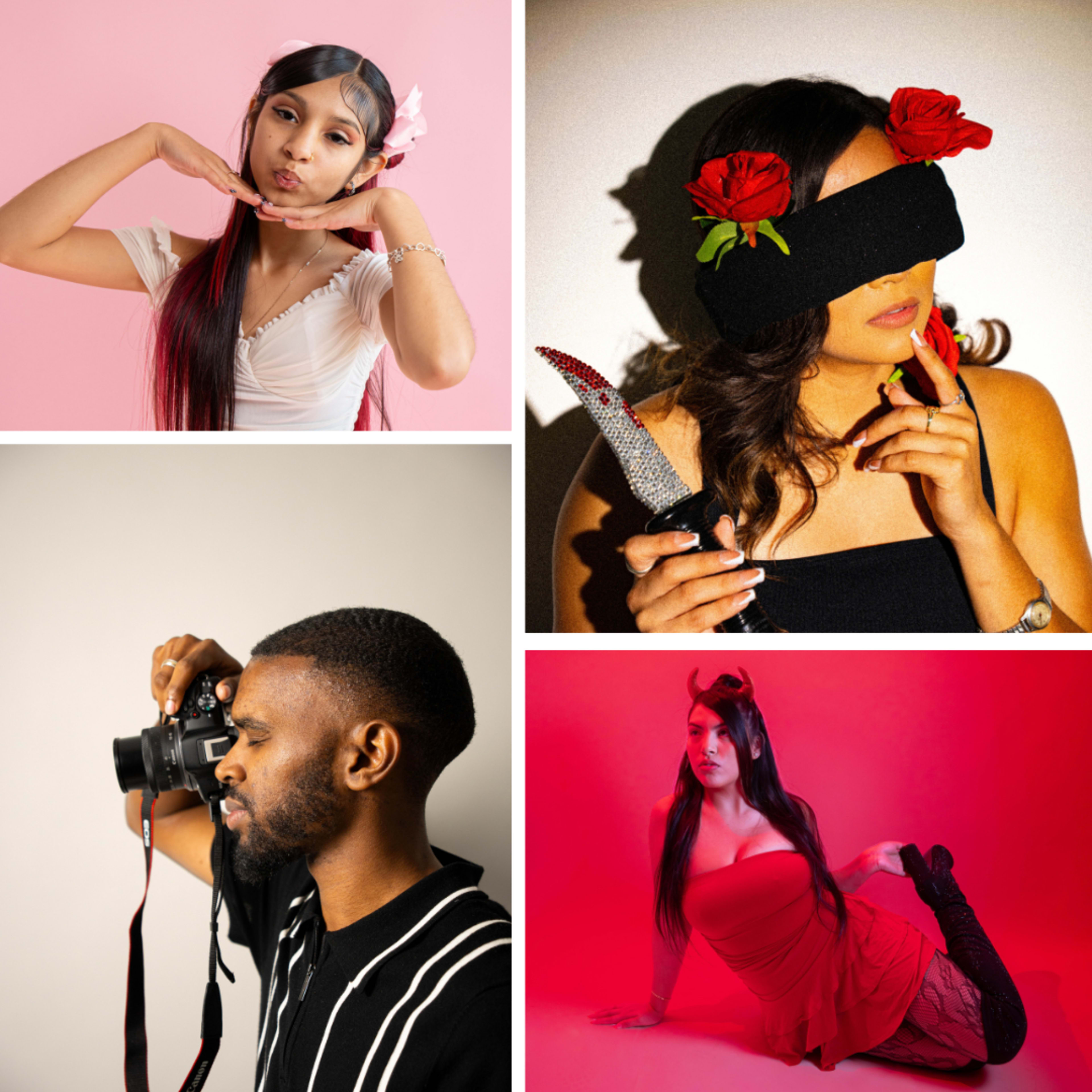 The image features four distinct portraits: a woman posing with a playful expression, a woman holding a knife while wearing a blindfold and roses, a man directing a photo shoot with a camera, and a woman in a red dress striking a pose against a red backdrop.