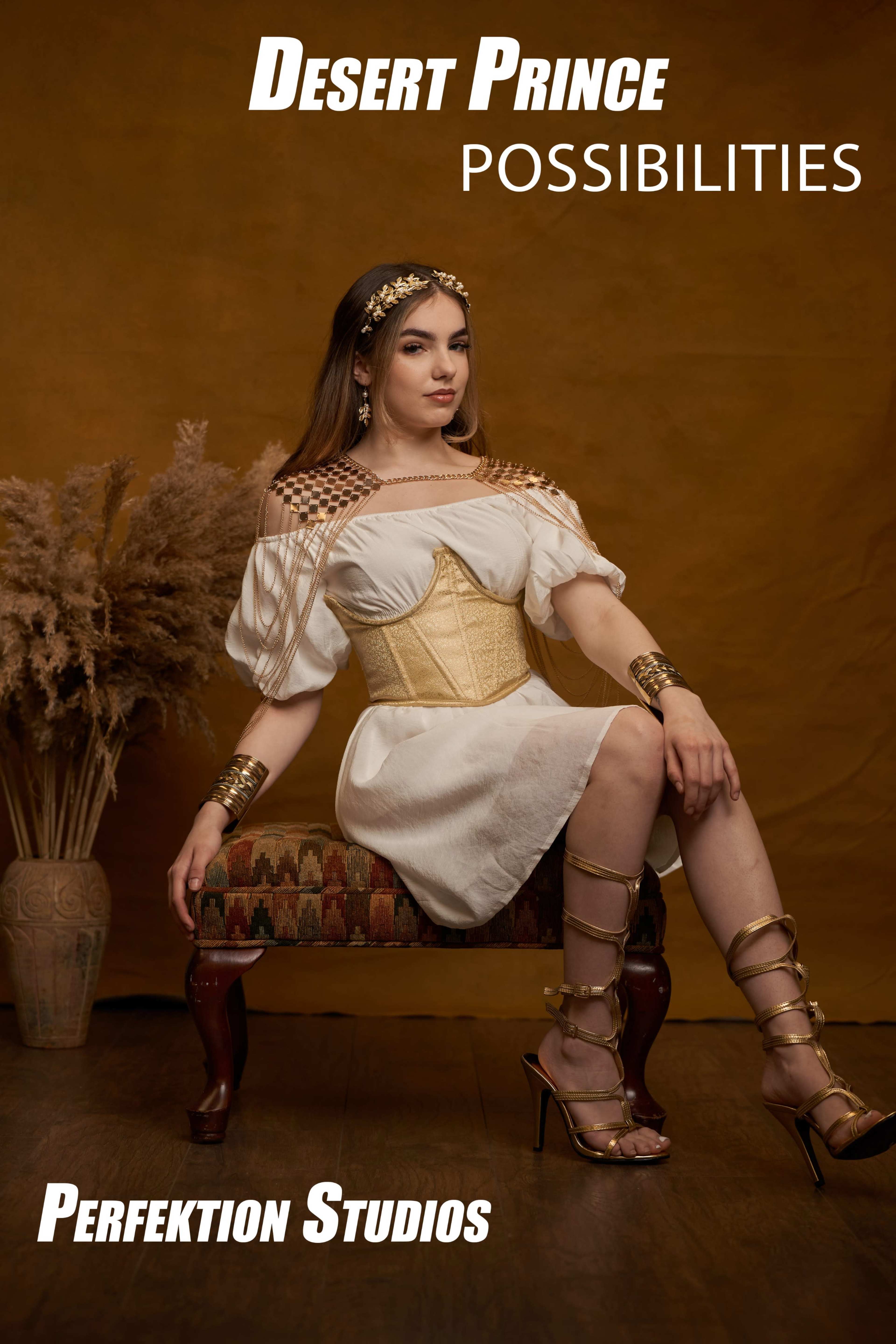 A model wearing a white dress and gold accessories poses on a patterned chair in front of a brown background, with a vase of dried plants beside her.
