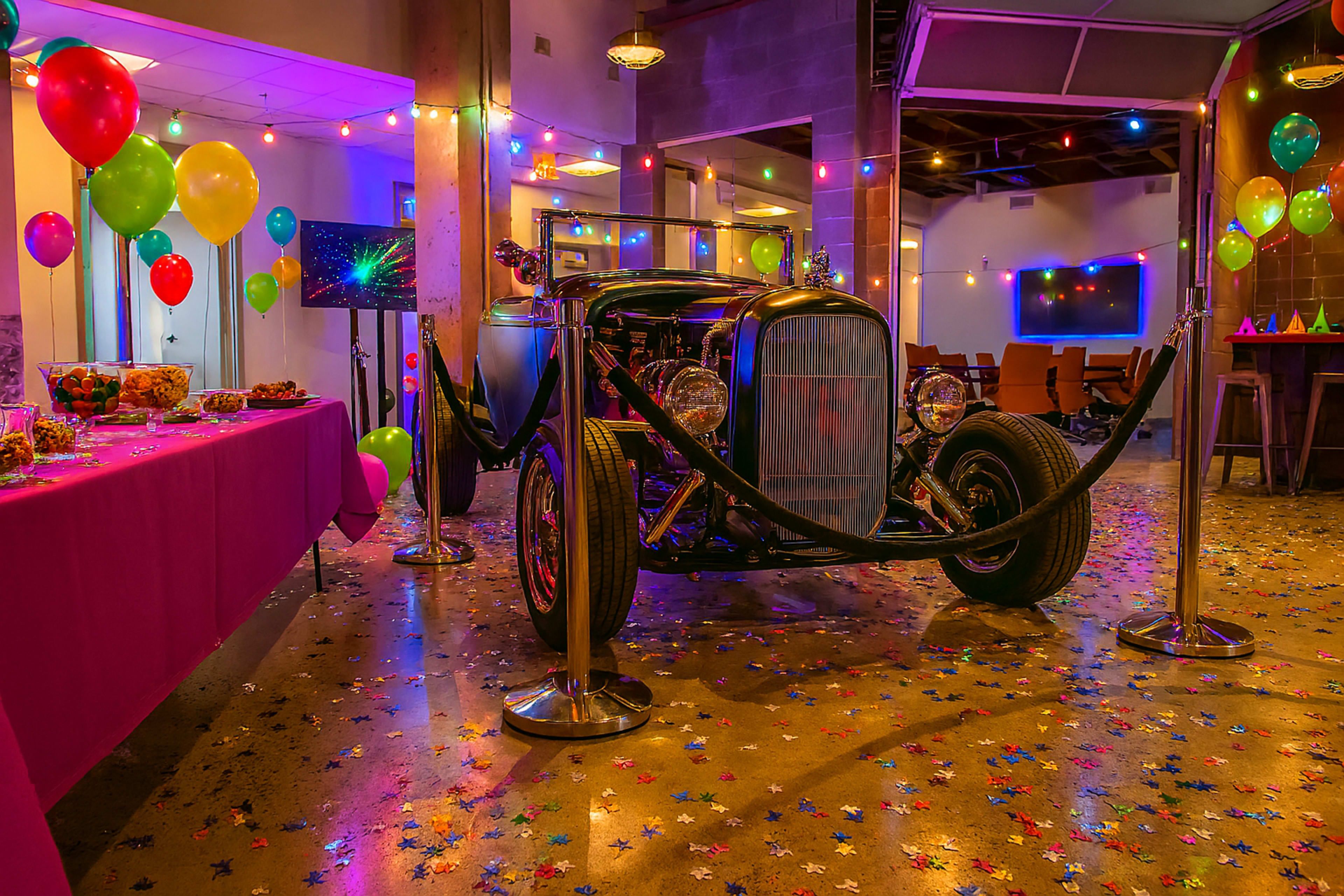 A vintage car is displayed in a decorated party space filled with colorful balloons, a festive table, and scattered star-shaped confetti on the floor.