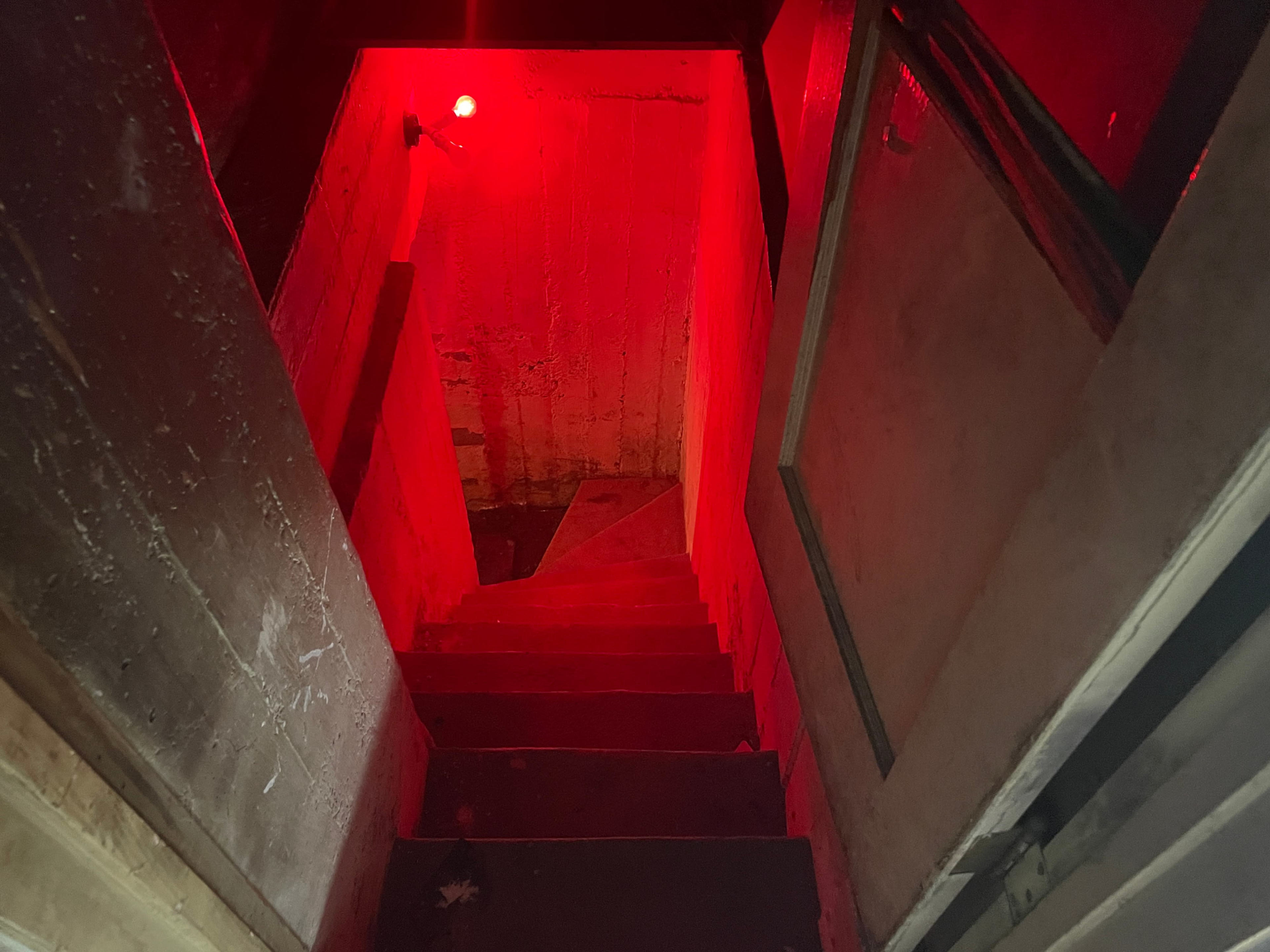 A dimly lit staircase descends into a basement, illuminated by a red light.