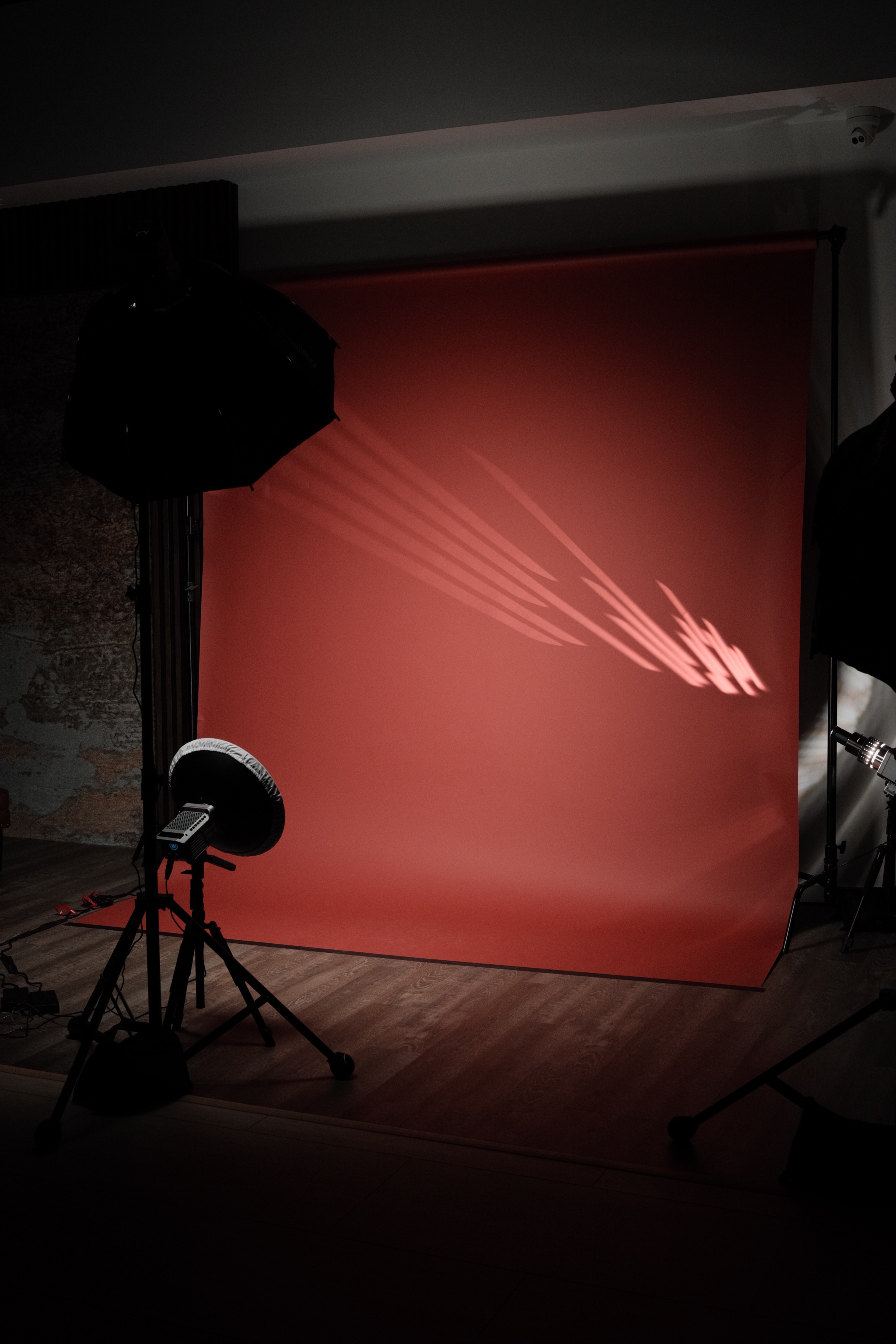 The image shows a photography studio setup with a red backdrop and studio lighting equipment.