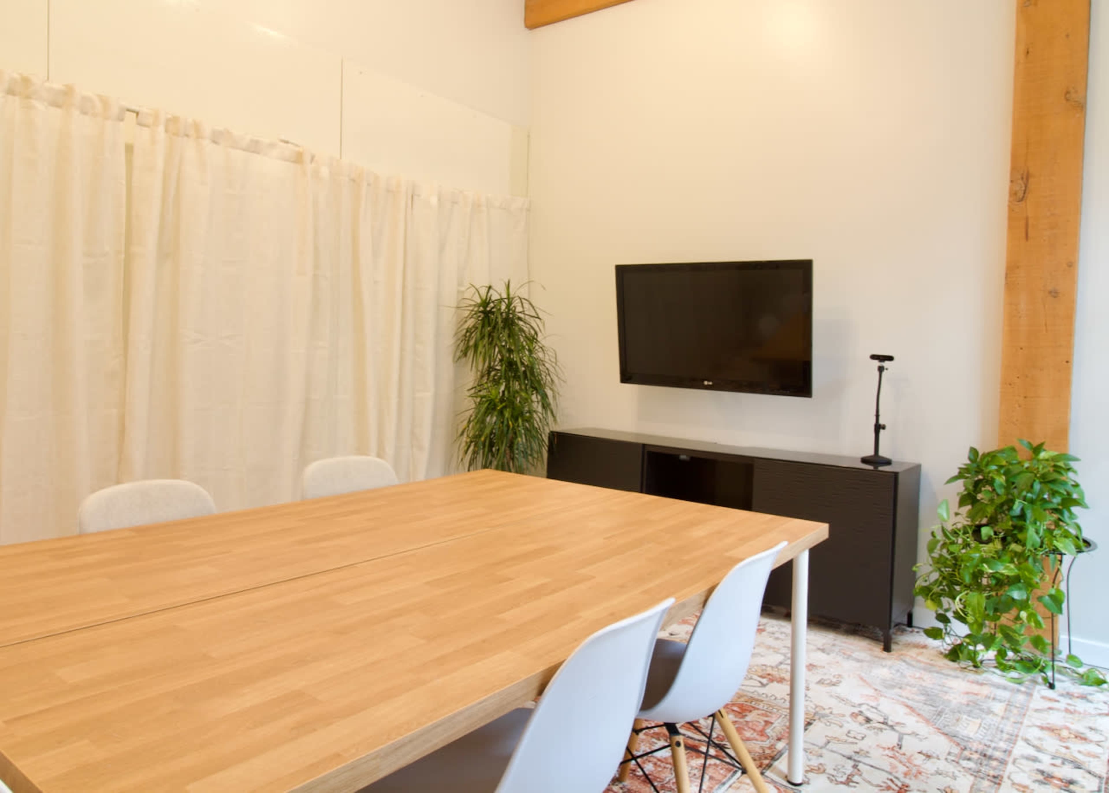 The image shows a modern meeting room with a wooden table, gray chairs, a television mounted on the wall, and a couple of indoor plants.