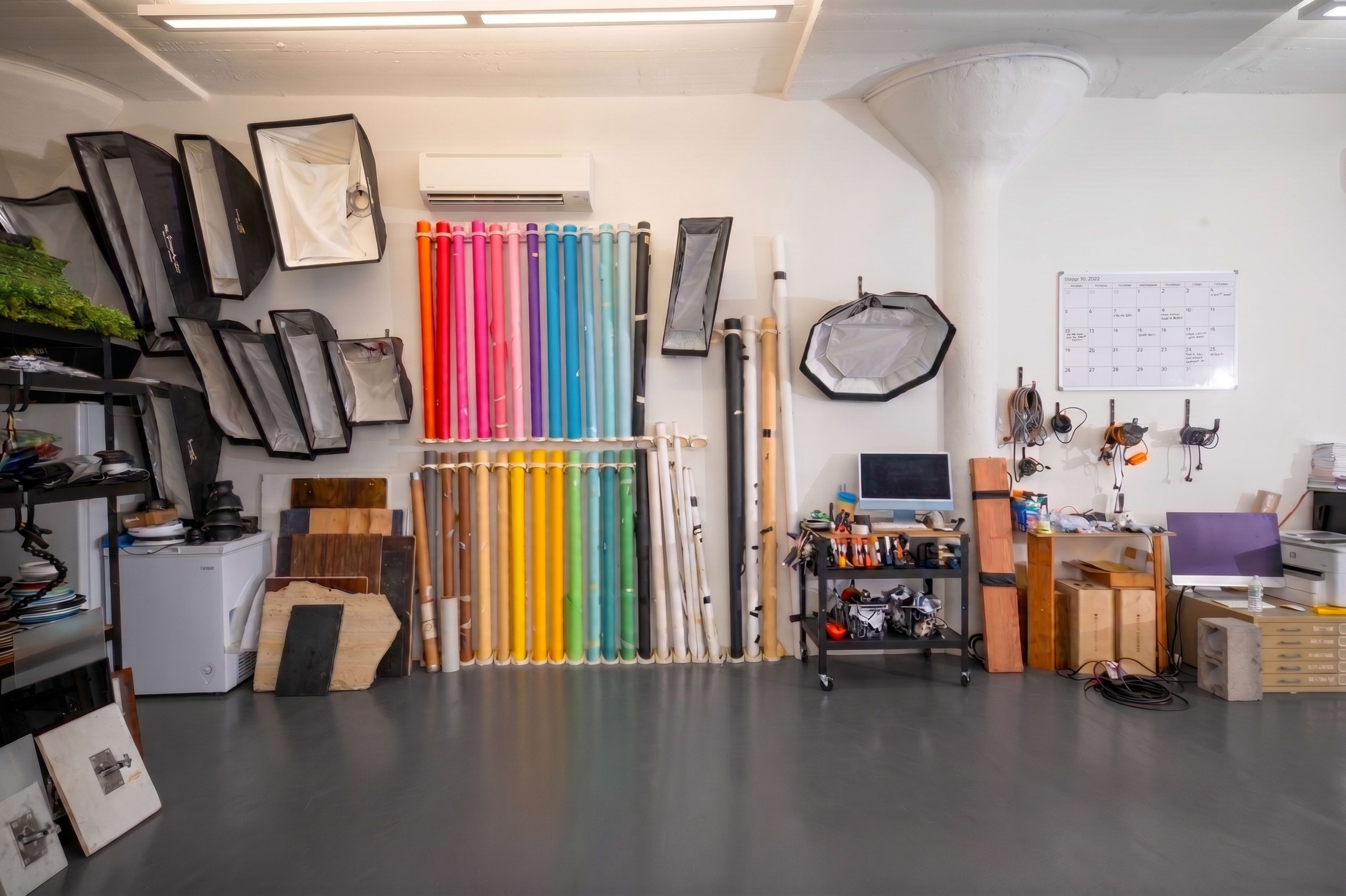 The image shows a well-organized studio space with various lighting equipment, colorful pipes arranged vertically, and multiple workstations with tools and equipment along the walls.