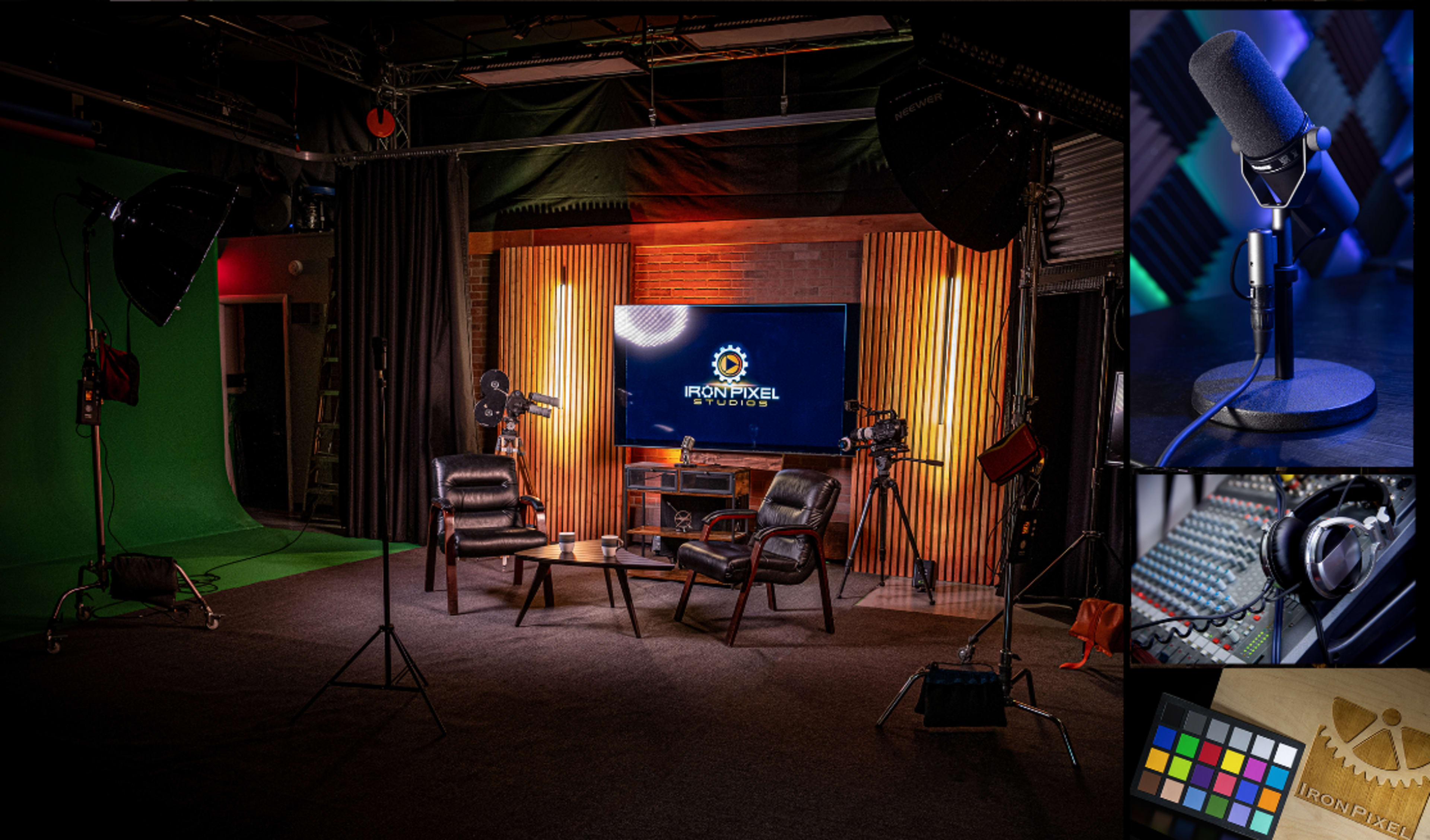 The image shows a well-equipped audio-visual studio featuring a green screen, professional lighting, and a set of chairs arranged around a coffee table, with various audio and video equipment displayed in the corners.