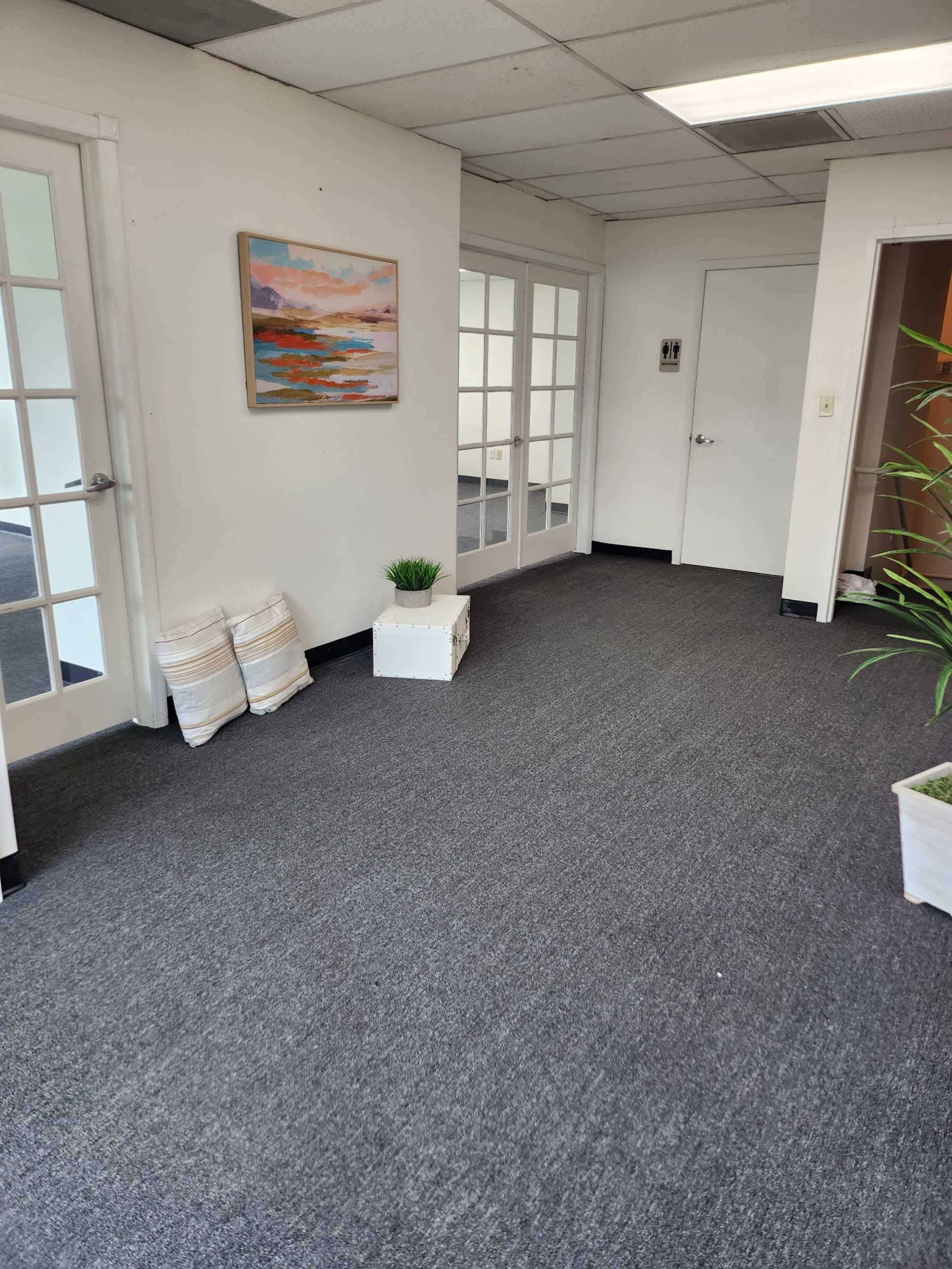 A hallway with gray carpeting, white walls, a framed painting, two doors with glass panels, and potted plants in the corners.
