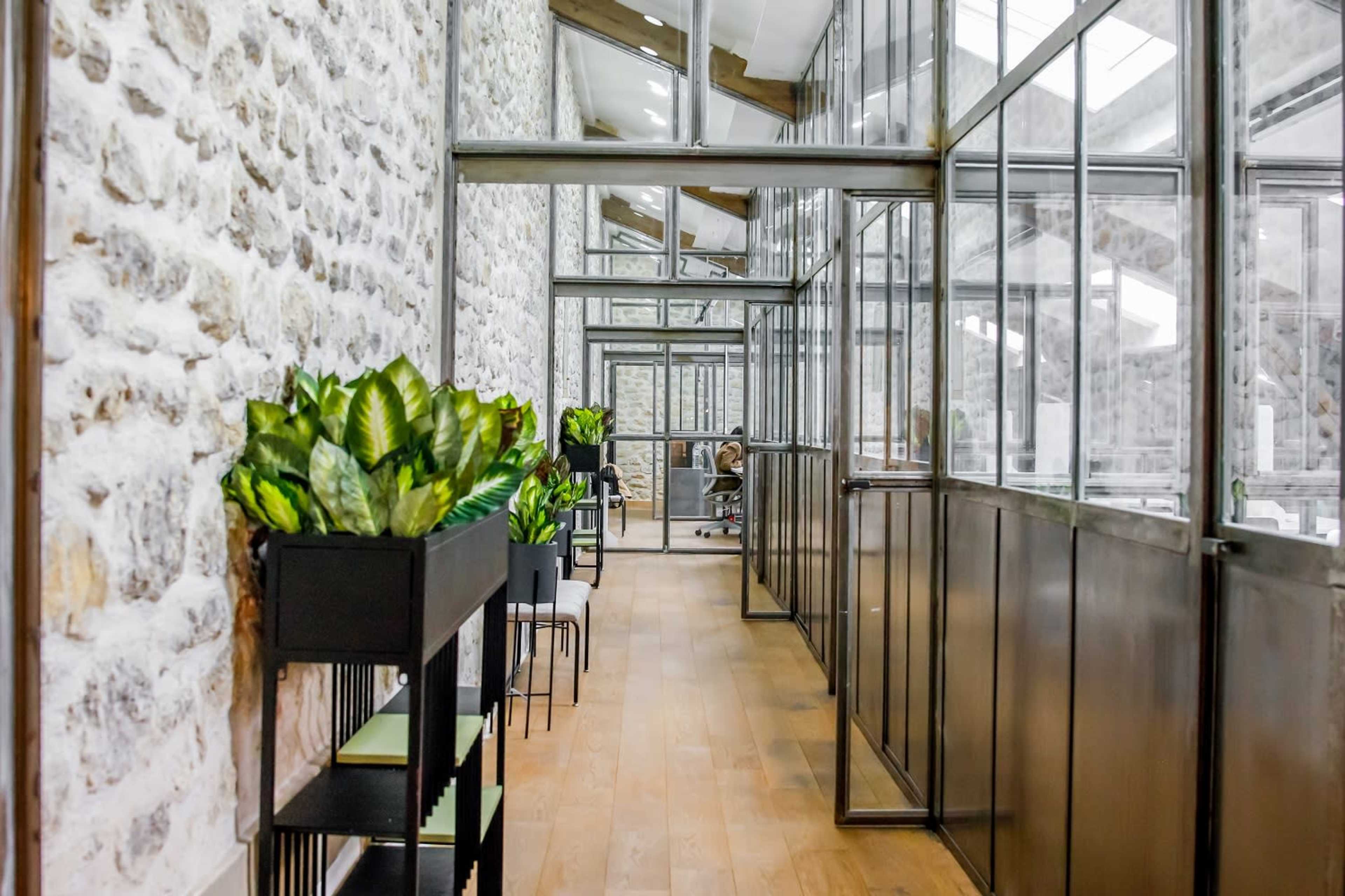 A modern hallway with stone walls, glass partitions, and potted plants lining sleek black shelves.