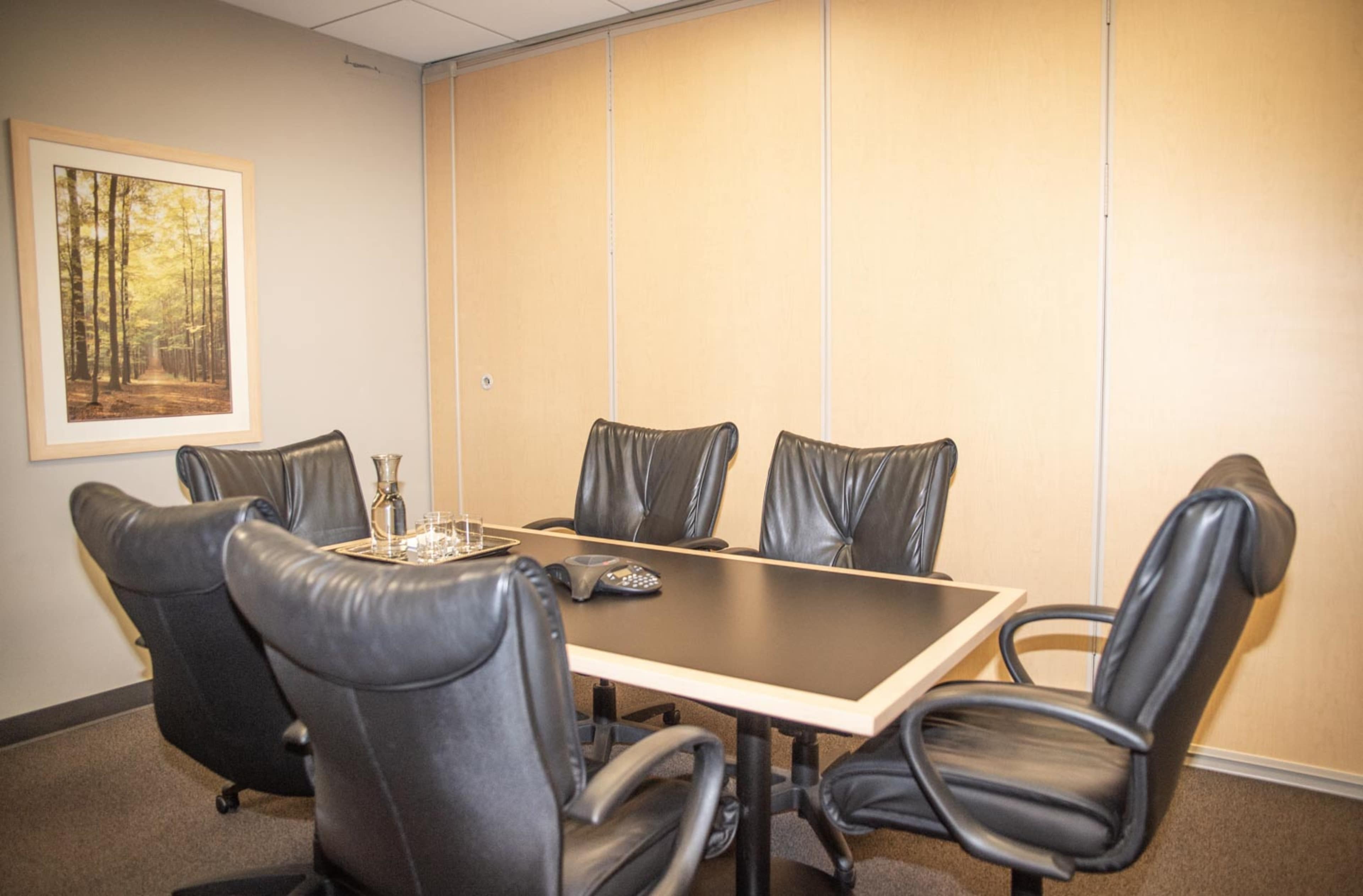 The image shows a conference room with a black table surrounded by five leather chairs, and a framed picture of a forest on the wall.