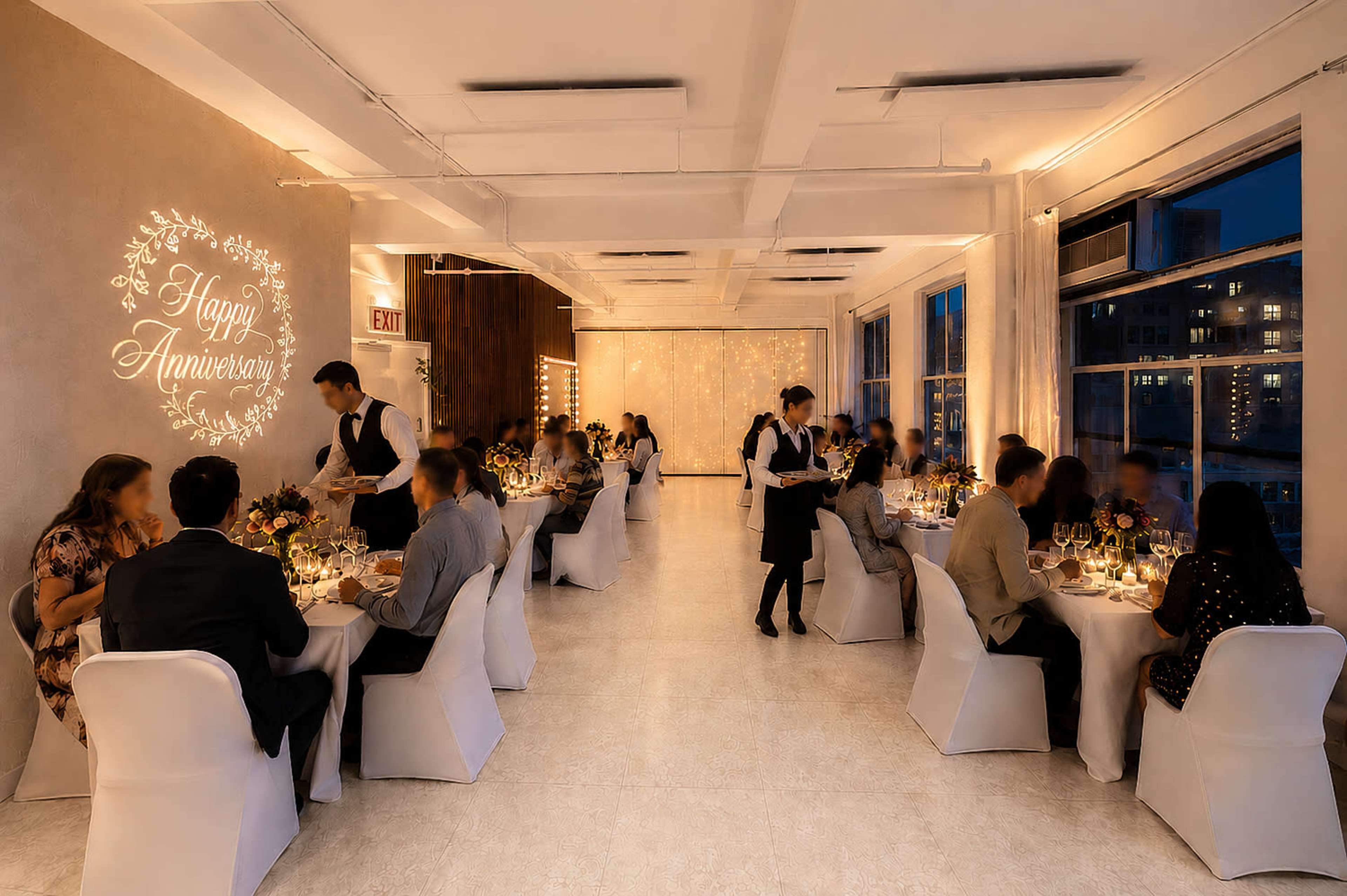The image shows a well-decorated indoor space with tables set for an anniversary dinner, featuring guests seated and a server attending to them in the evening.