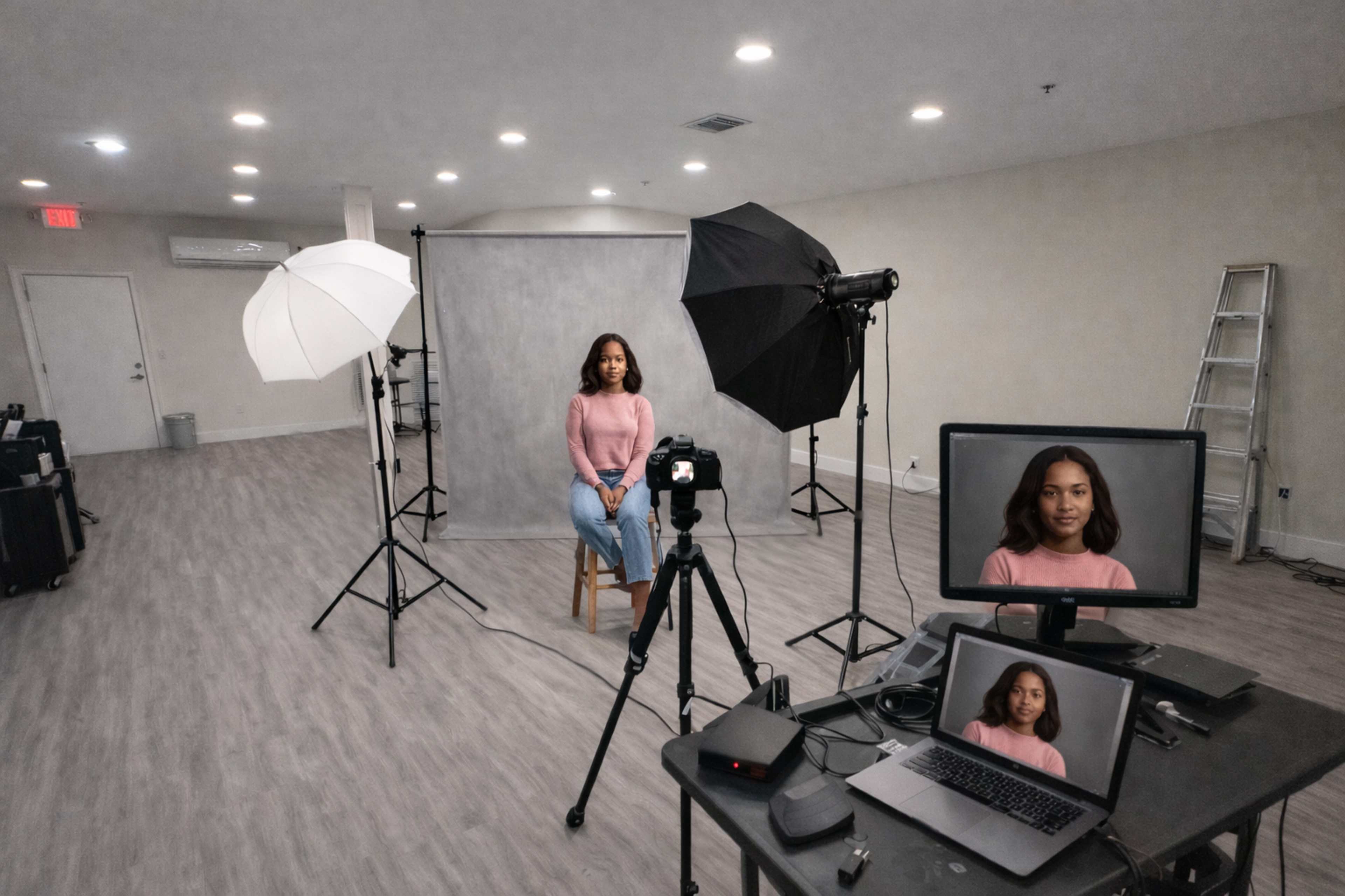 A woman sits on a stool in front of a backdrop in a photography studio, illuminated by two softbox lights, with a camera on a tripod capturing her image and a laptop displaying the shot.