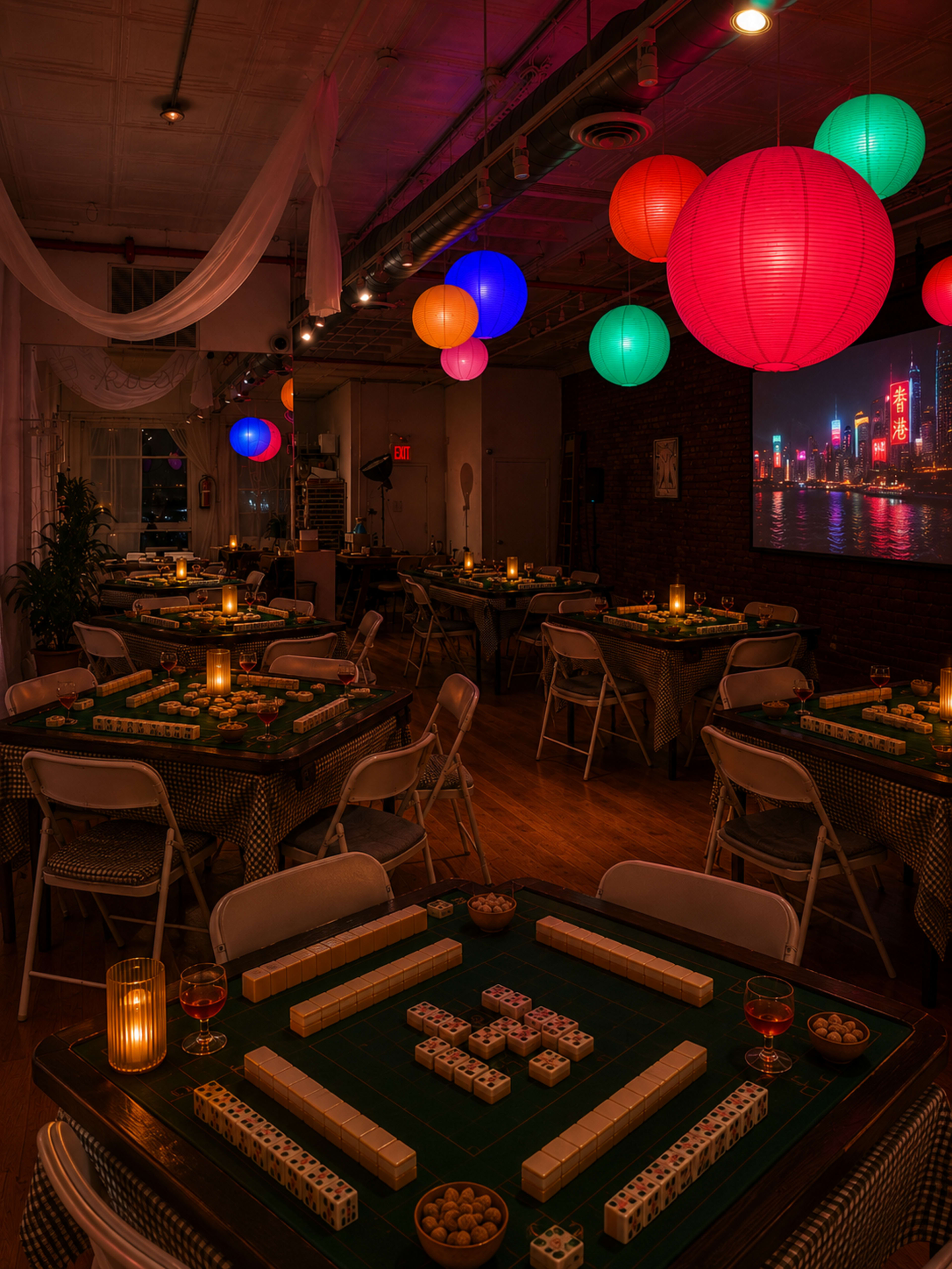 The image shows a dimly lit room set up for a game night, featuring numerous tables with Mahjong tiles, colorful paper lanterns hanging from the ceiling, and candles on the tables.