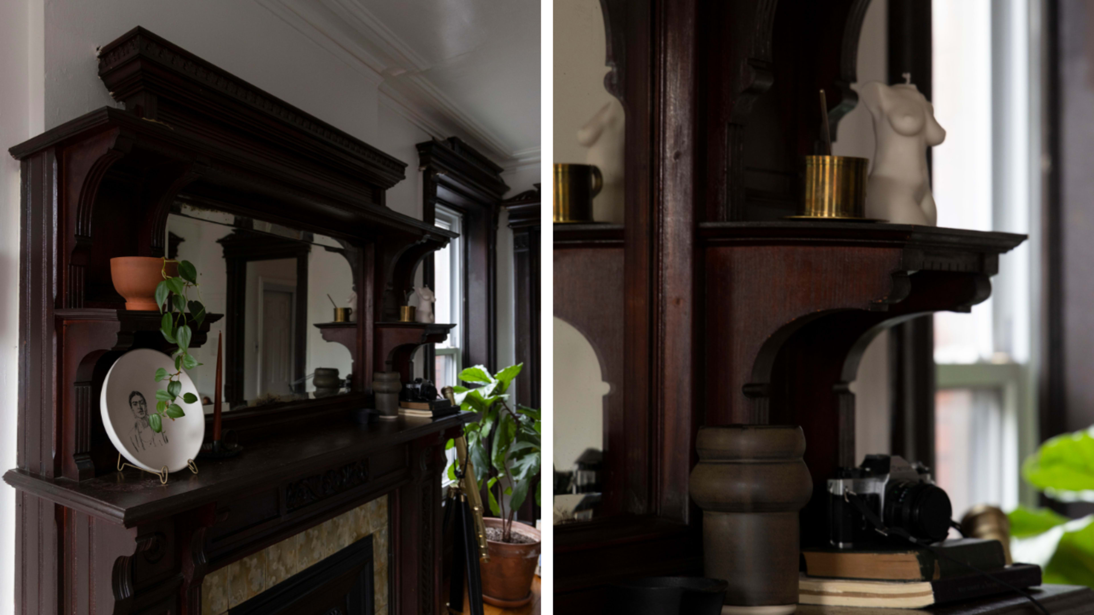 The image shows a vintage wooden mantelpiece adorned with decorative items, including a plant, a small sculpture, and various objects arranged on its shelves.