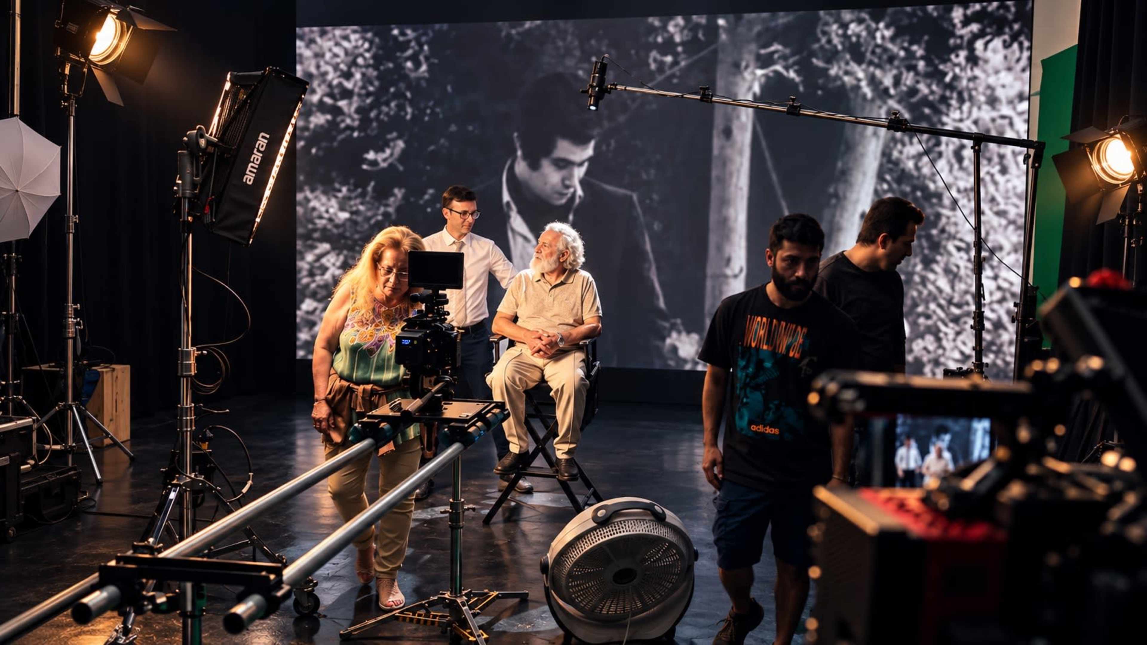 A film crew sets up equipment in a studio, with a vintage black-and-white film projected on a large screen in the background.