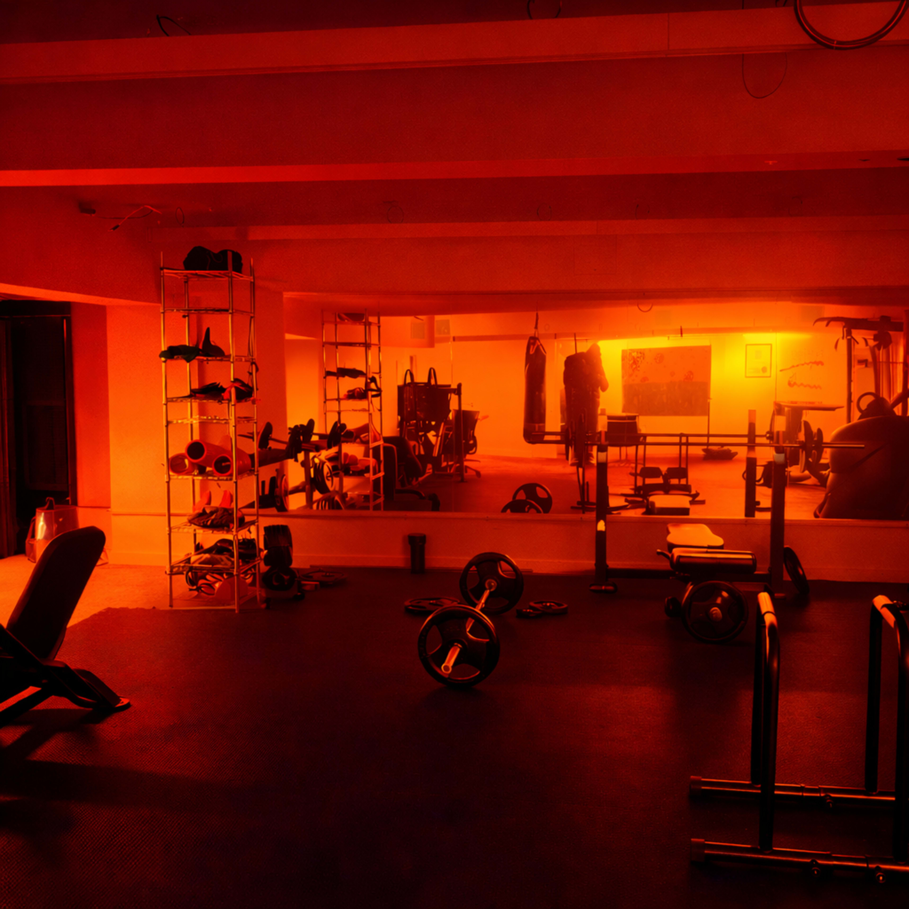 The gym features various weightlifting equipment, mirrors, and a punching bag, illuminated by an orange glow.
