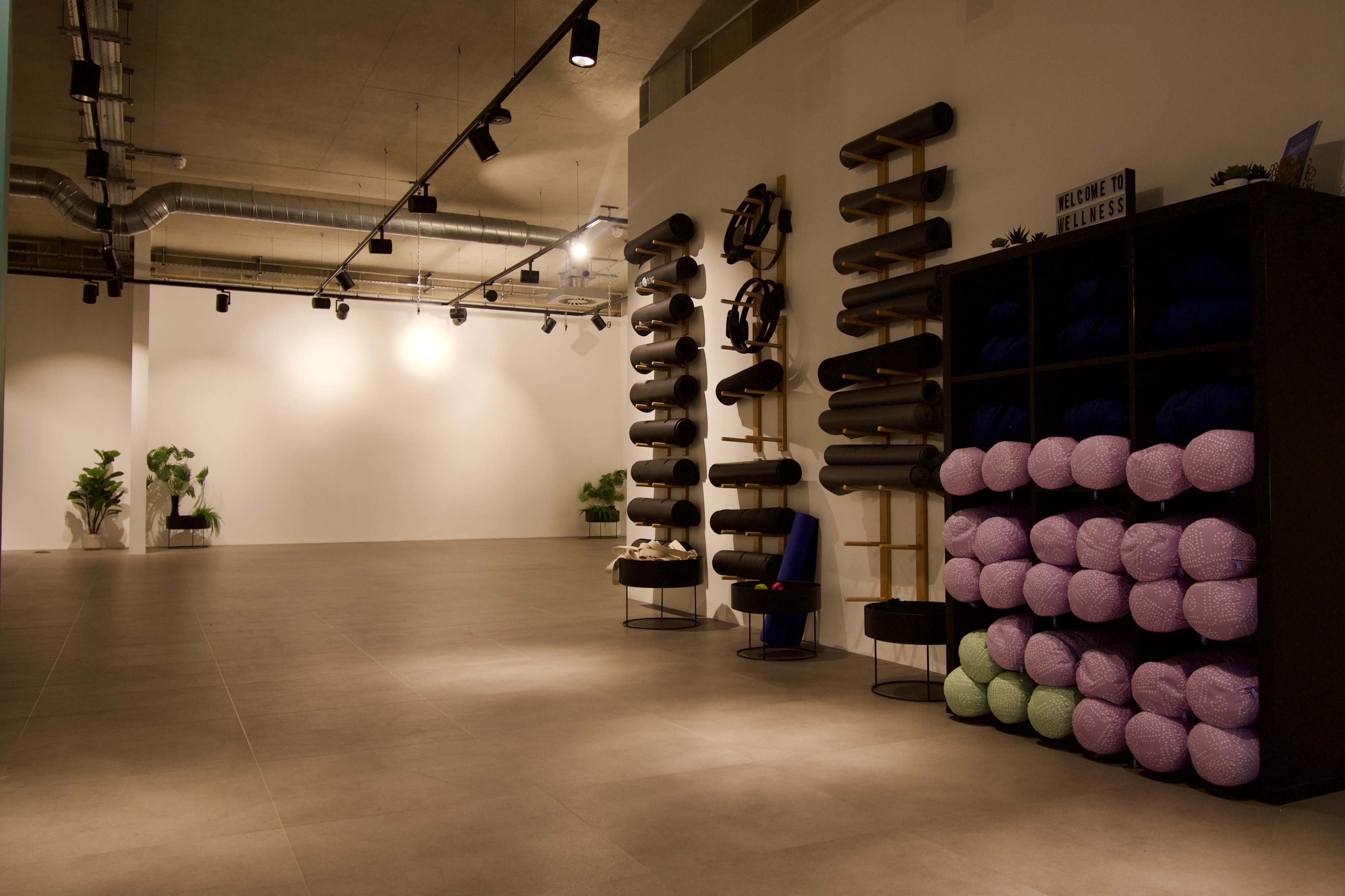 The image shows a spacious, minimalist wellness studio with yoga mats and exercise balls neatly arranged on shelves against the walls.