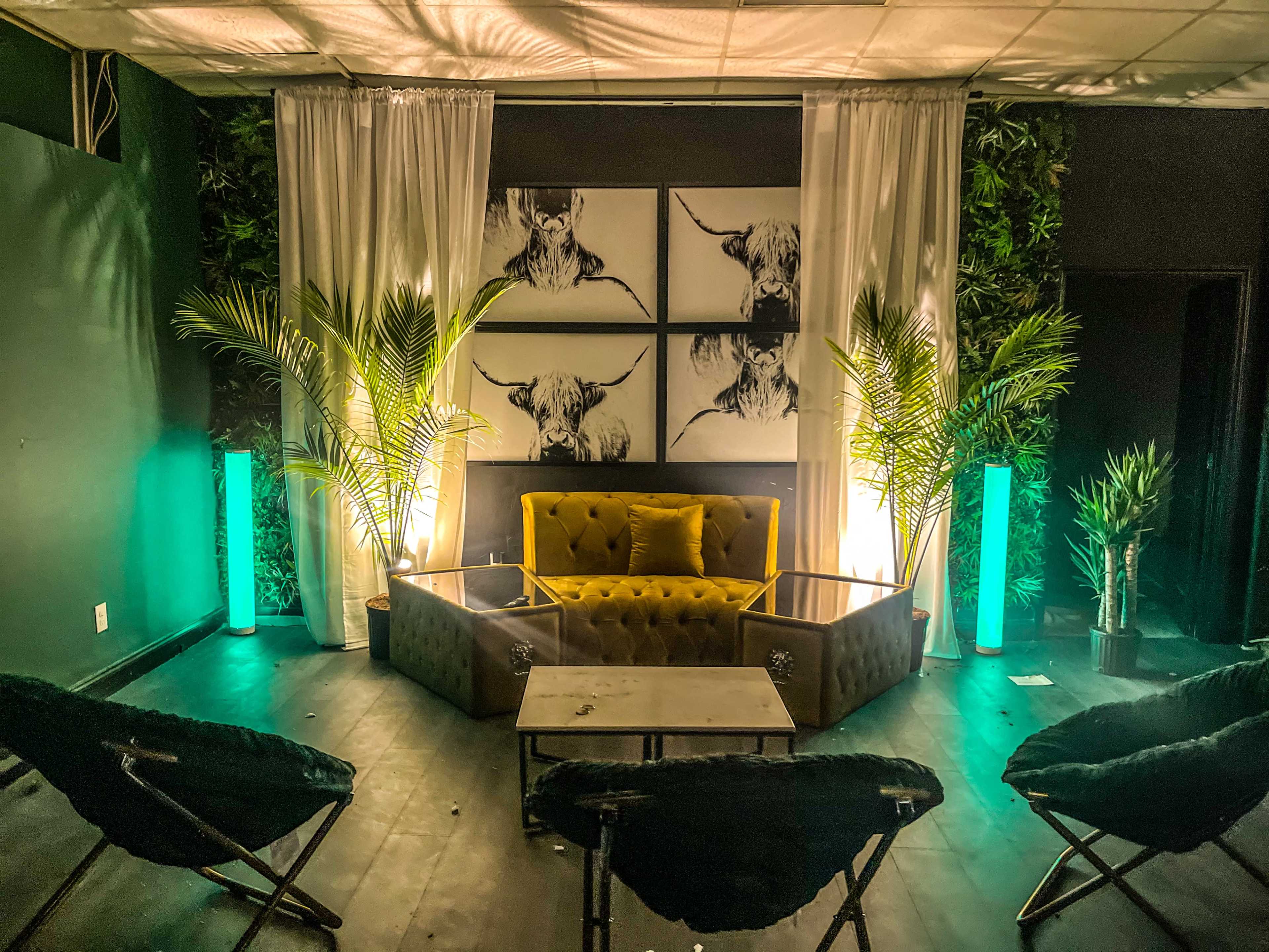A stylish lounge area featuring a yellow velvet sofa, two green floor lamps, and black chairs arranged around a table, with artwork of bulls on the wall and greenery in the background.