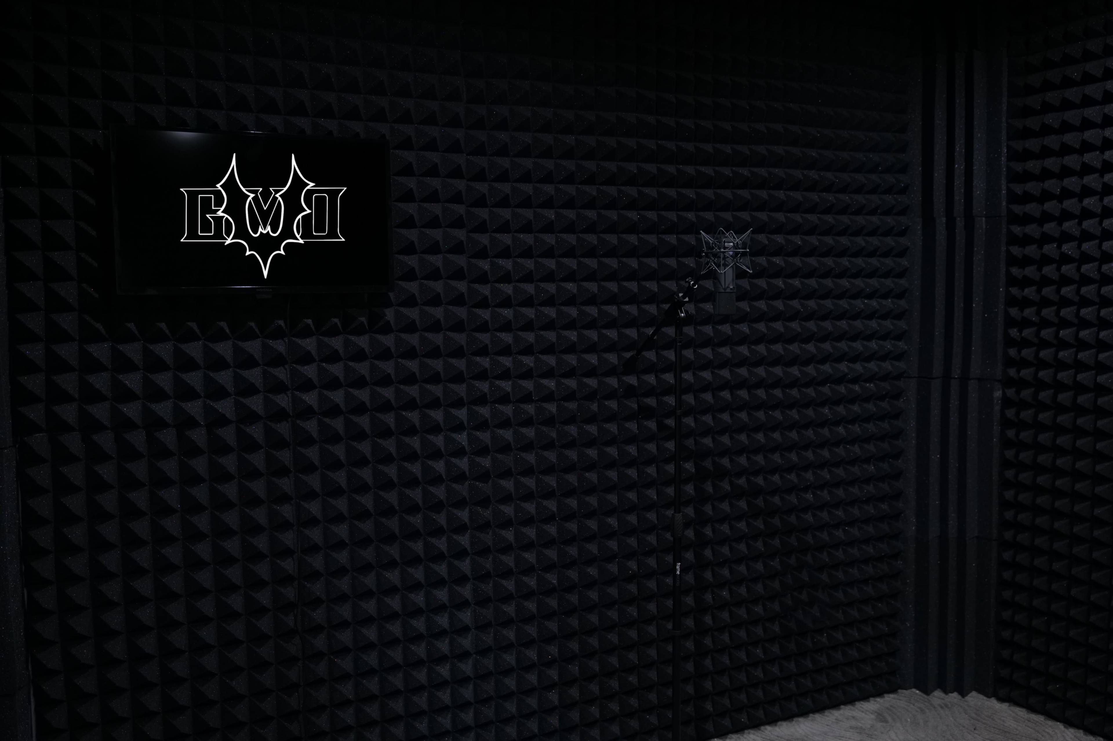 A soundproof recording studio with black acoustic foam panels and a microphone stand.