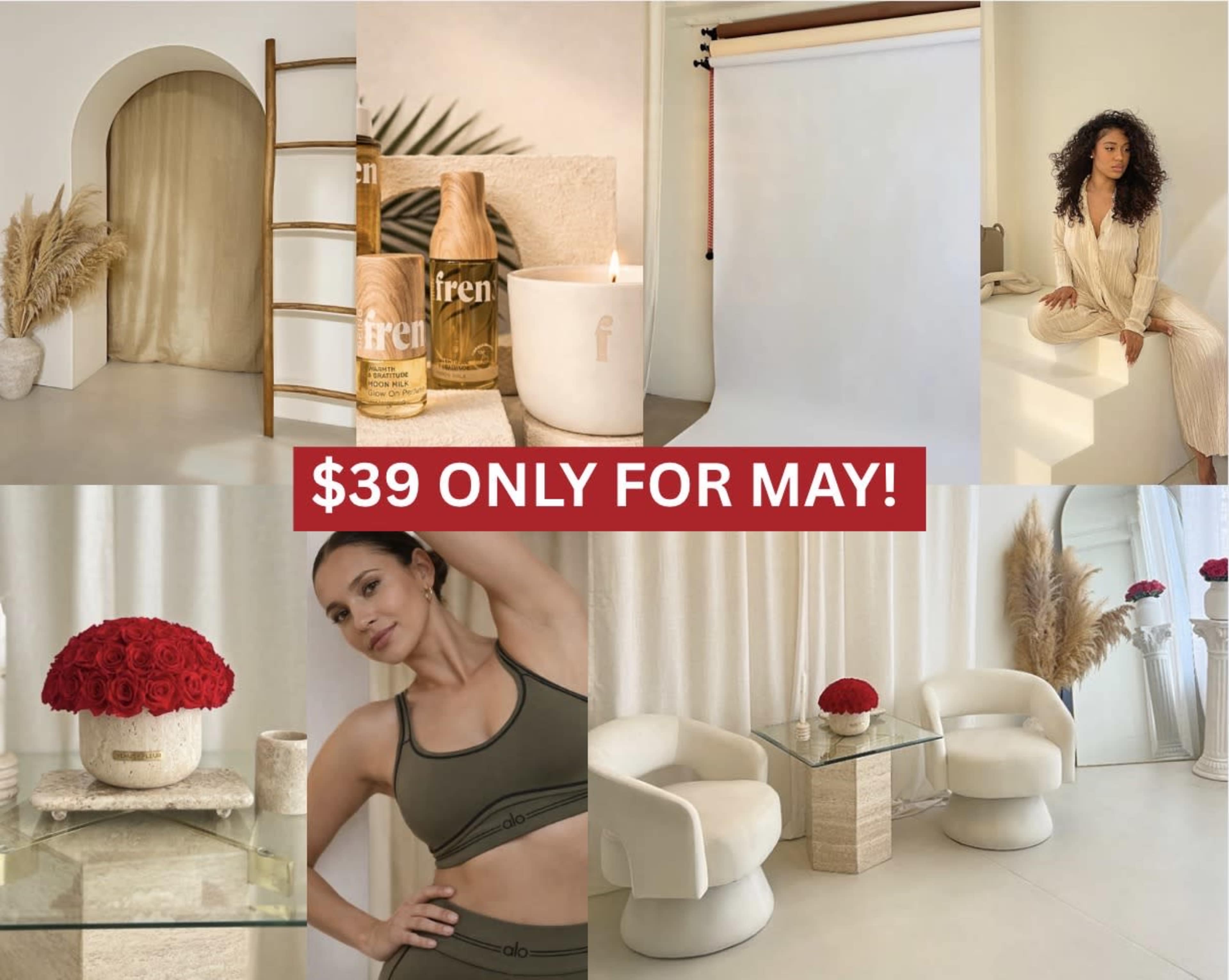 The image features a promotional collage showcasing a variety of stylish interior elements, including a floral arrangement, candles, and modern furniture, with a price of $39 prominently displayed for May.