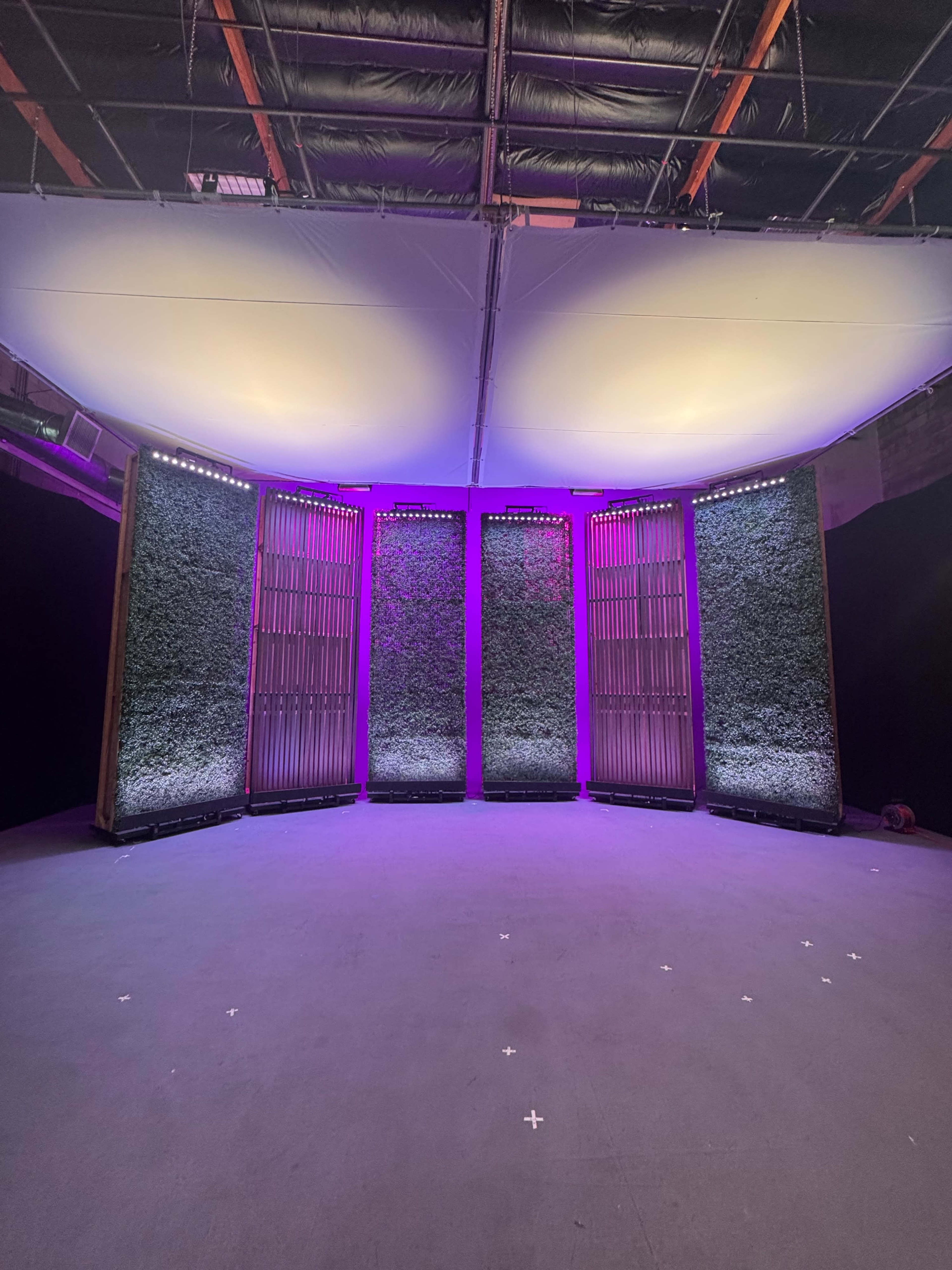 The scene features a stage set with five curved panels adorned with vertical greenery, illuminated by purple lighting against a dark background.