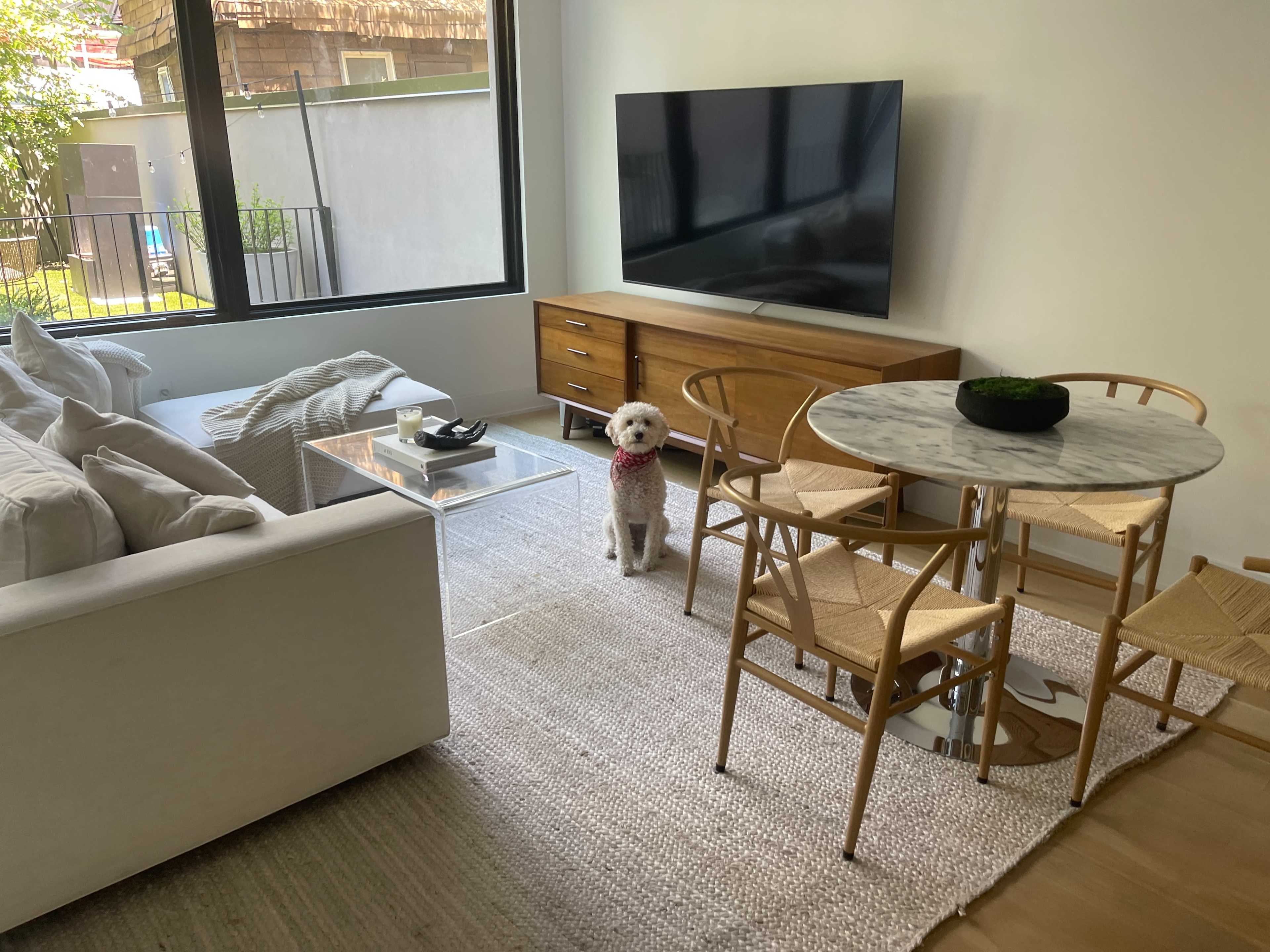 A living room features a sofa, a television on a wooden cabinet, a round marble dining table with chairs, and a dog sitting on a woven rug.