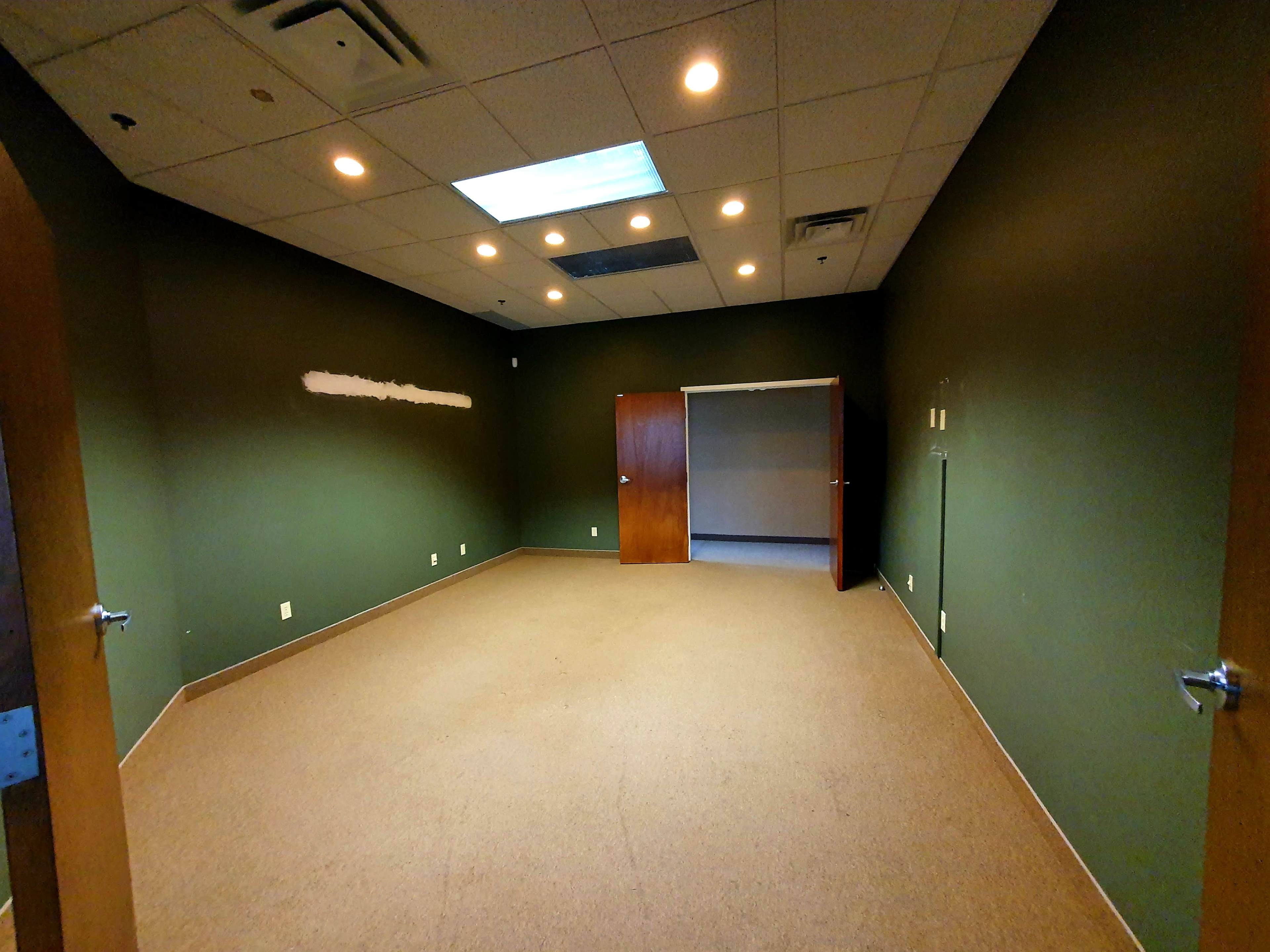 An empty office interior with green walls, a carpeted floor, and two wooden doors along the walls.