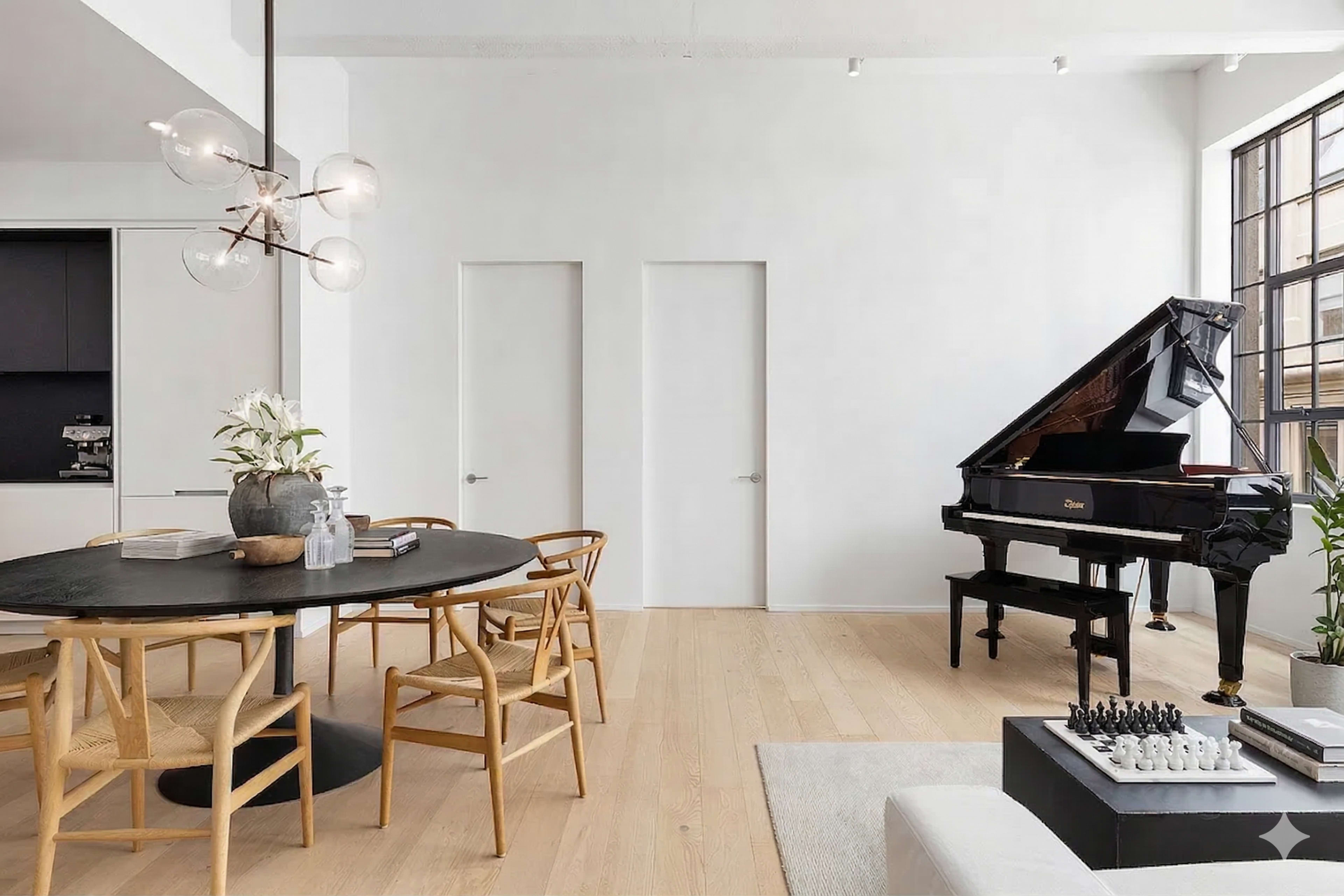 A black grand piano is positioned near a large window in a bright, modern room with light wood flooring and minimalist furniture.