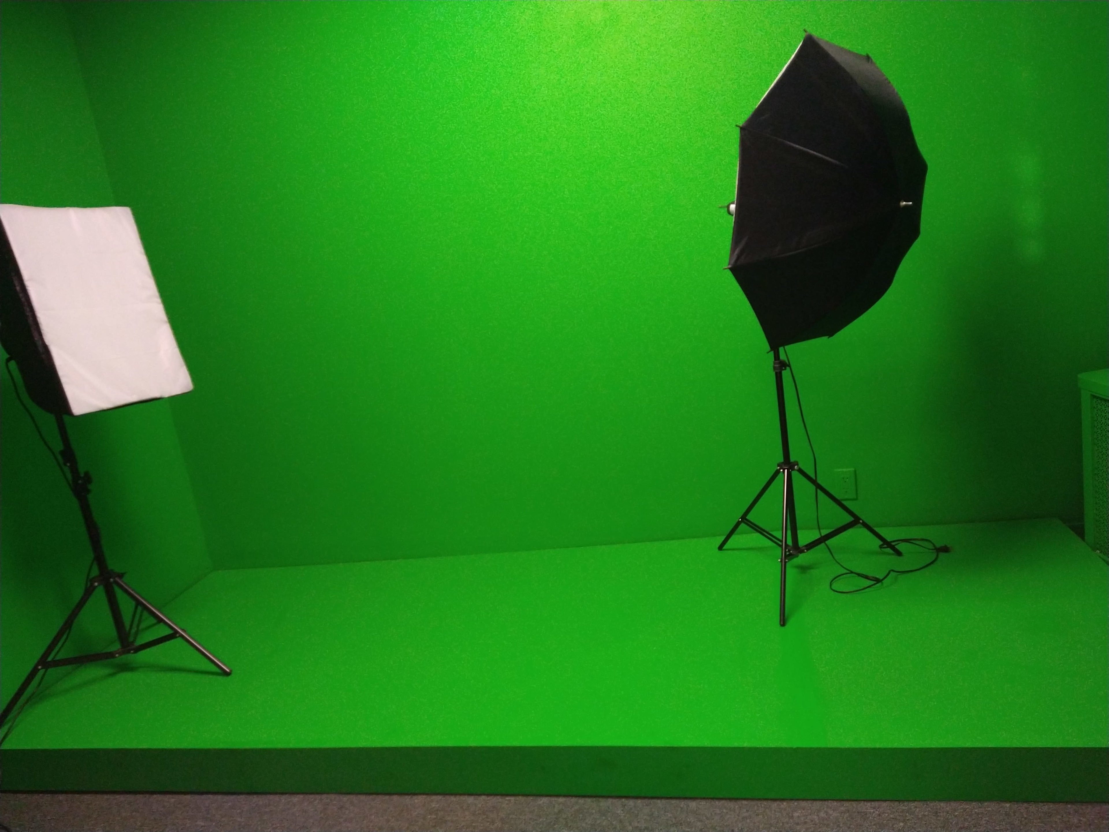 The image shows a green screen setup with two lighting umbrellas on tripods in a room with a solid green background.