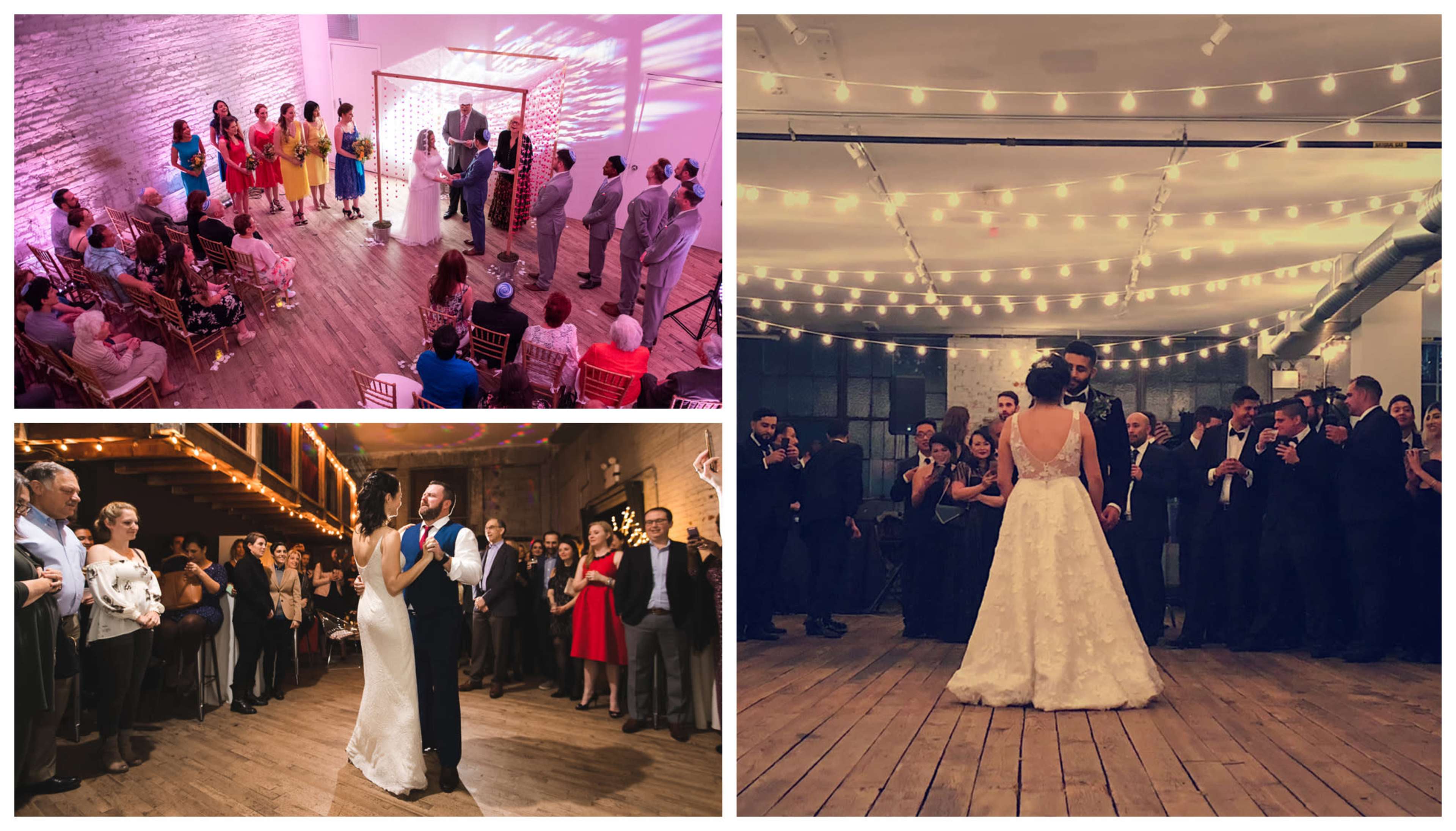 Three scenes from a wedding, including a ceremony with guests, a couple's first dance, and attendees enjoying the reception amidst soft lighting.